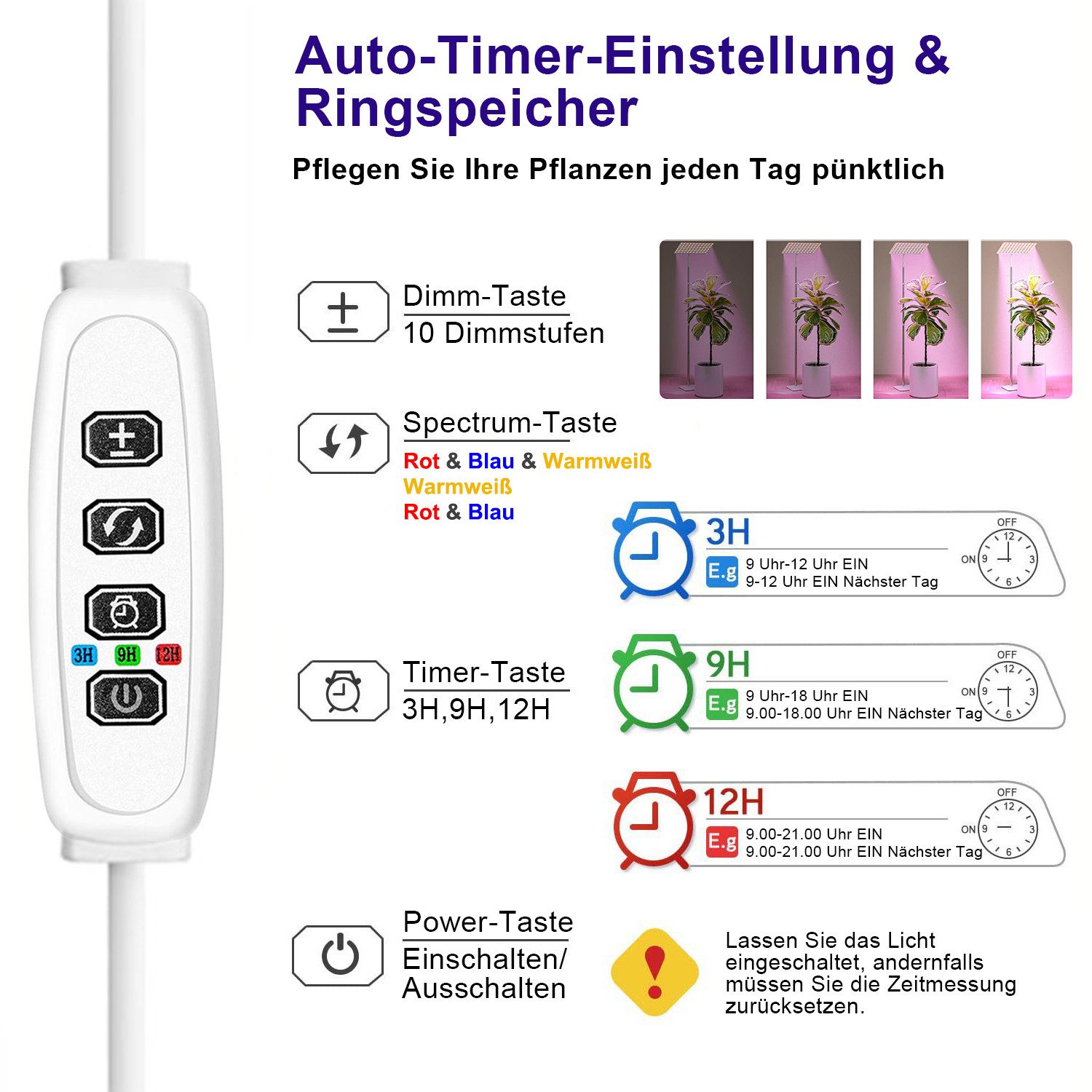 Jibenhome Pflanzenlampe Vollspektrum LED Pflanzenlampe, 3 Lichtfarben & Timer, Höhenverstellbar, 3 Lampenköpfe, 10 Helligkeitsstufen, 126 LEDs/252 LEDs/378 LEDs