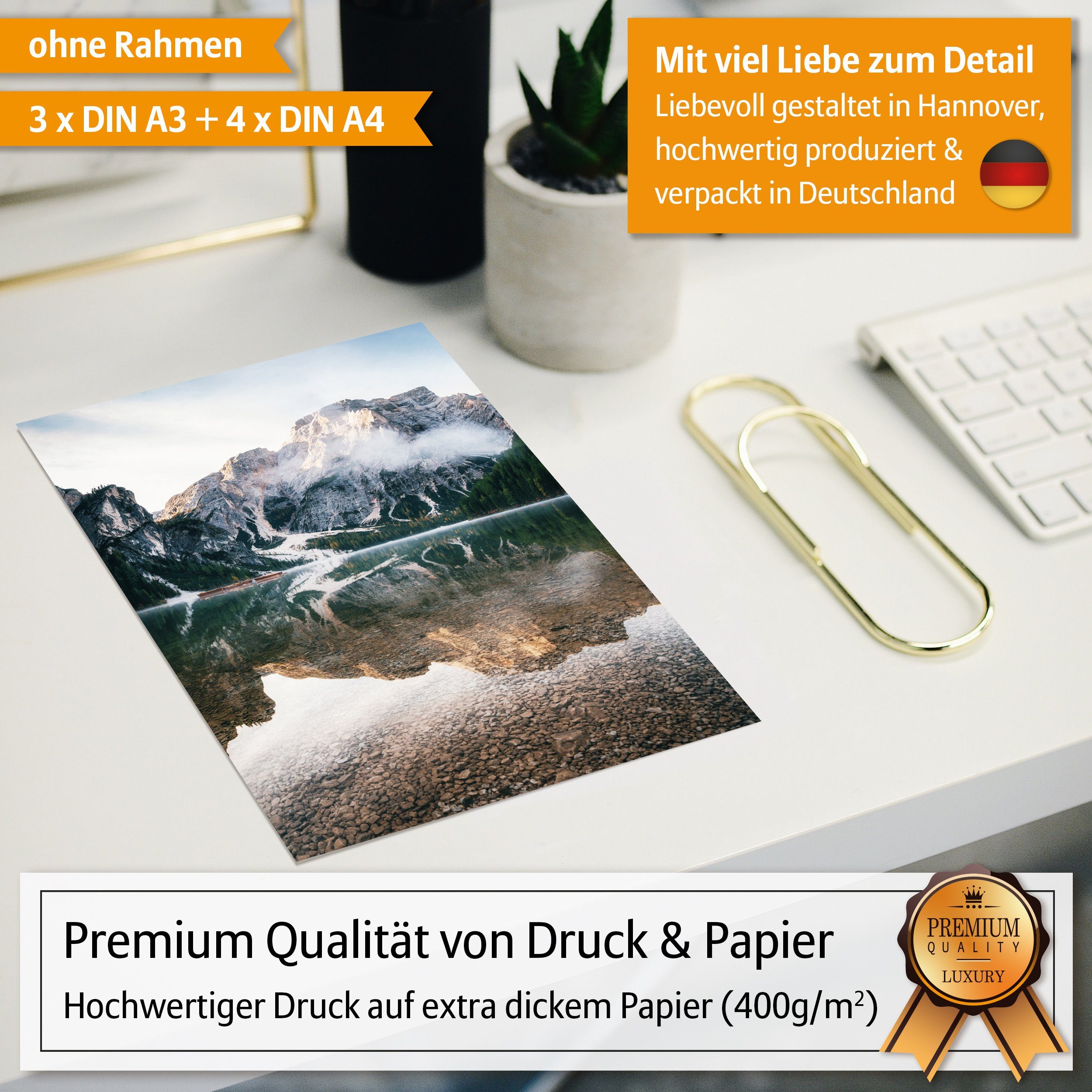 Hyggelig Home Poster Berge & See - Premium Poster Set OHNE & MIT Rahmen - 7 Wandbilder, Natur (Set, 7 St), Collage Landschaft, Qualitätsdruck dickes Papier