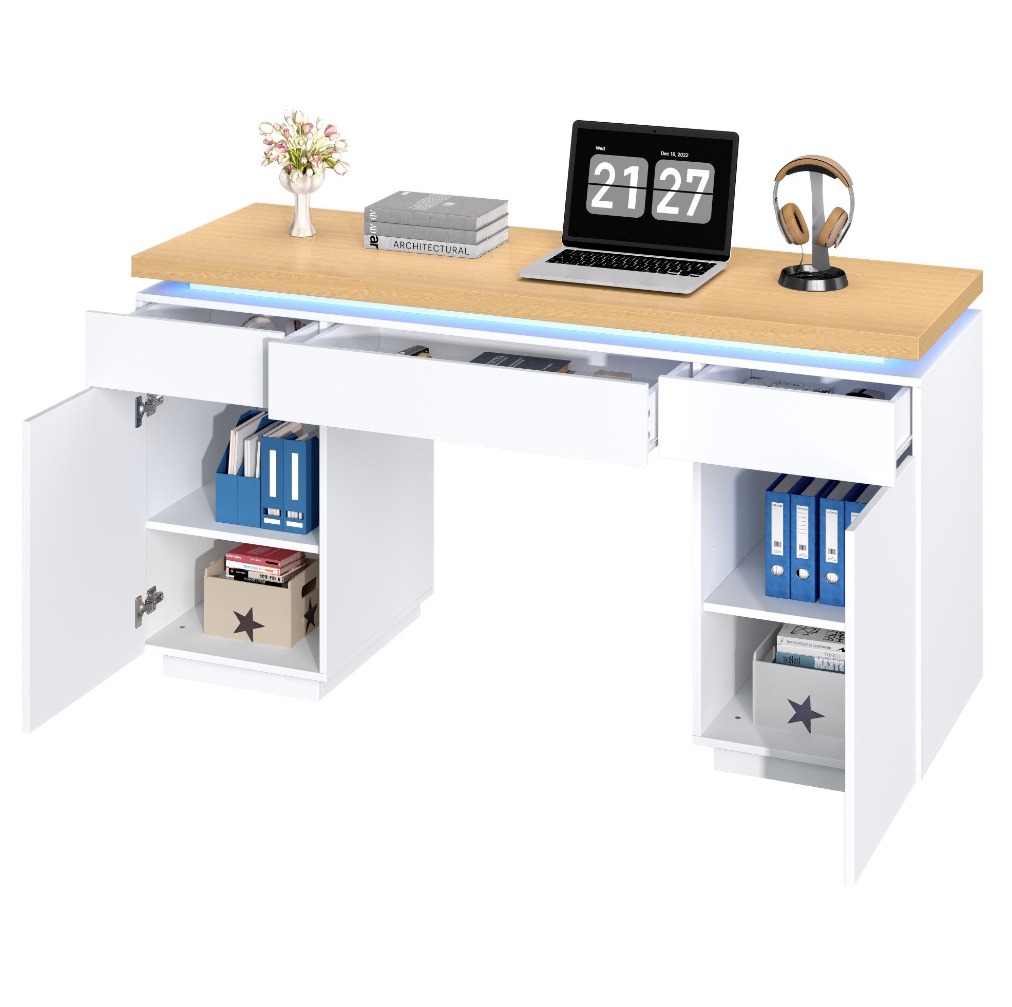 MODFU Schreibtisch Kompakter Tisch – 140×50×78 cm mit LED & Stauraum (Packung, 1-St., Weiß+Eiche, für Wohnzimmer & Arbeitszimmer), 3 Schubladen, 2 Türen, verstellbare Böden
