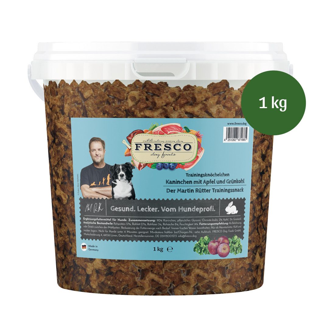 Fresco Dog Martin Rütter Trainingsknöchelchen 1kg, Hundeleckerli Kaninchen mit Apfel & Grünkohl, Snack für: Hunde, Getreidefrei & zuckerfrei