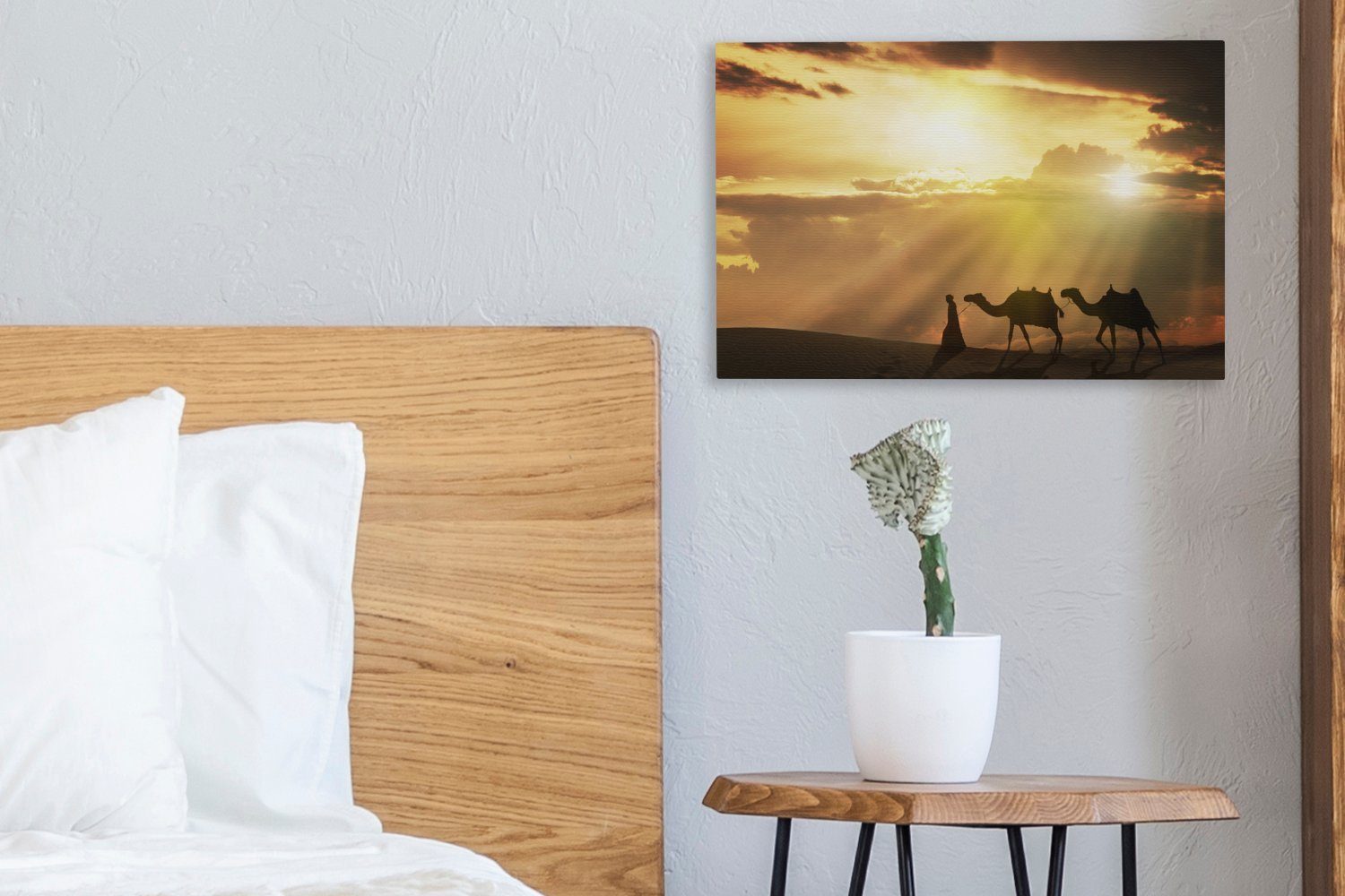 OneMillionCanvasses® Leinwandbild Arabischer Mann und 30x20 St), Kamele Leinwandbilder, cm Wanddeko, Wandbild Aufhängefertig, (1 Sonnenuntergang, bei