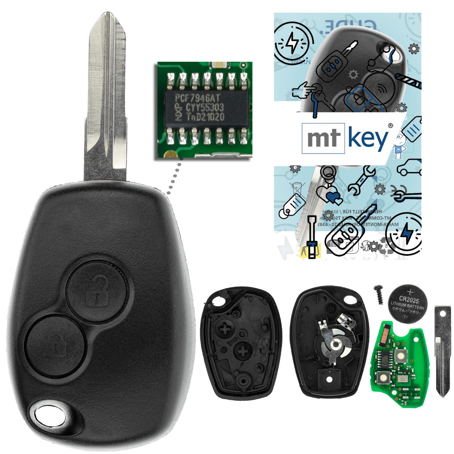 mt-key Schlüsseltasche Auto Funk Schlüssel Fernbedienung 434MHZ VAC102 (Set), für Dacia Duster (HS/H79, 10–17); Logan (I, 04–14); Sandero (I, 07...