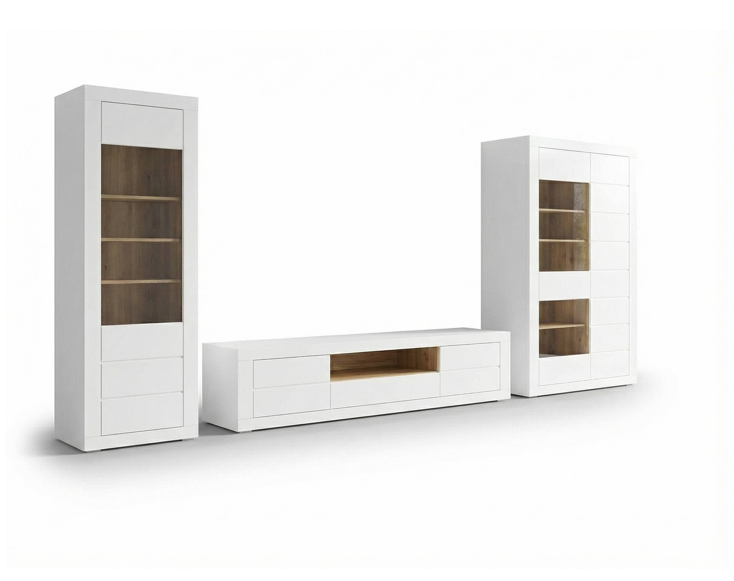 FORTE Wohnzimmer-Set Wohnwand LEFKADAS 3-tlg. Dekor Weiß / Mauvella Eiche von Forte, (Set, 3-St., 1x Vitrine, 1x Lowboard, 1x Vitrinenschrank)