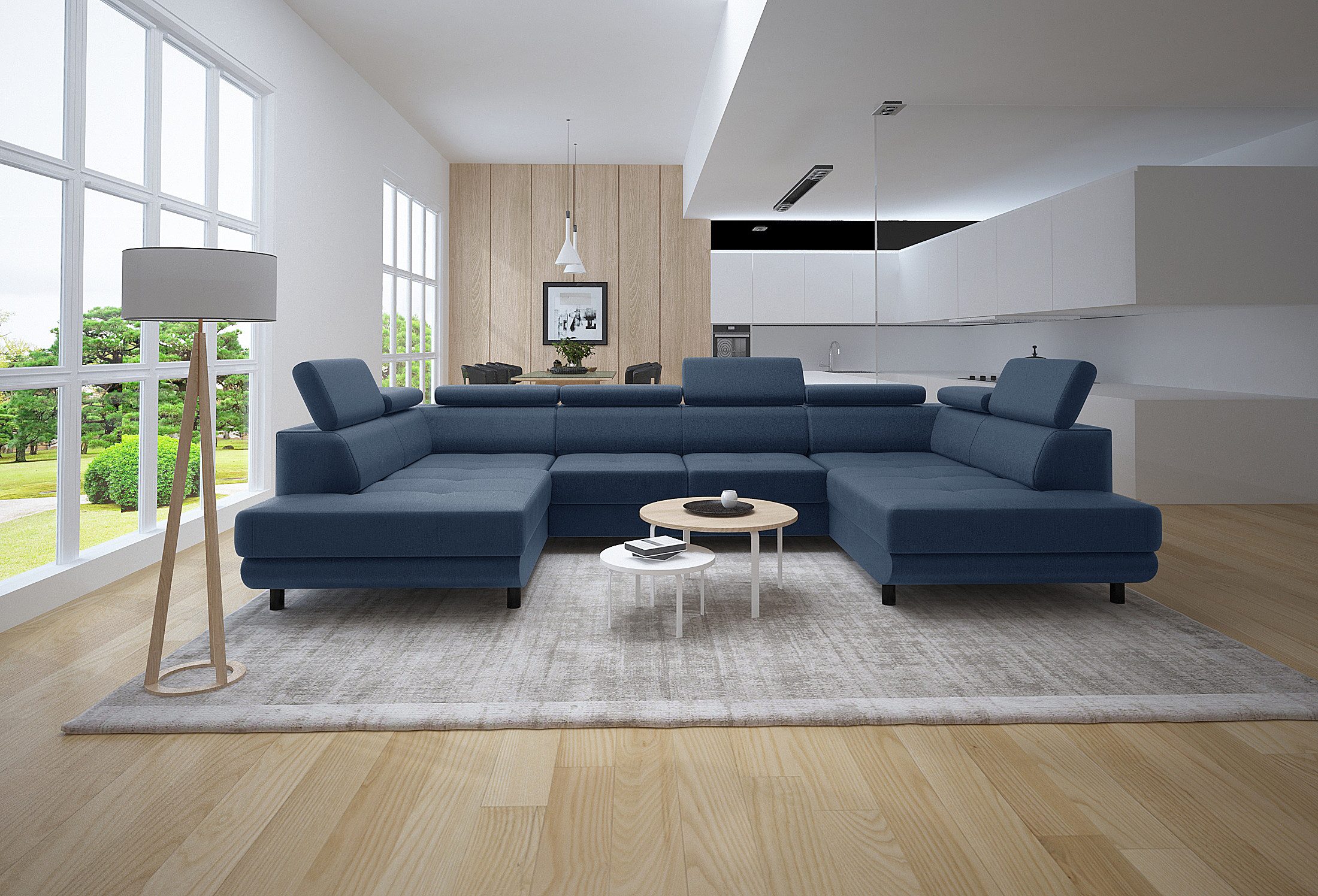 thematys Ecksofa LUNA U mit Schlaffunktion & Bettkasten – aus weichem Velours Stoff, mit verstellbaren Kopfstützen, – U-Form 325×183 cm – Schlafsofa mit Auszug