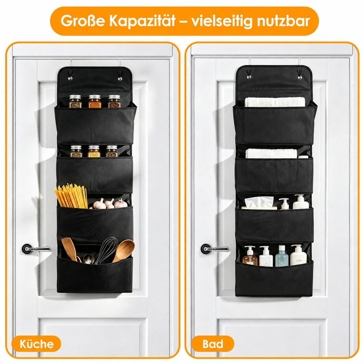 BlingBin Hängeaufbewahrung Hängeorganizer mit 4 Taschen, Platzsparendes Hängeregal (1er Set, 1 St., 1 x Hängeaufbewahrungstasche + 2 x Haken), Tür-Aufbewahrungs – Bild 5 von 5