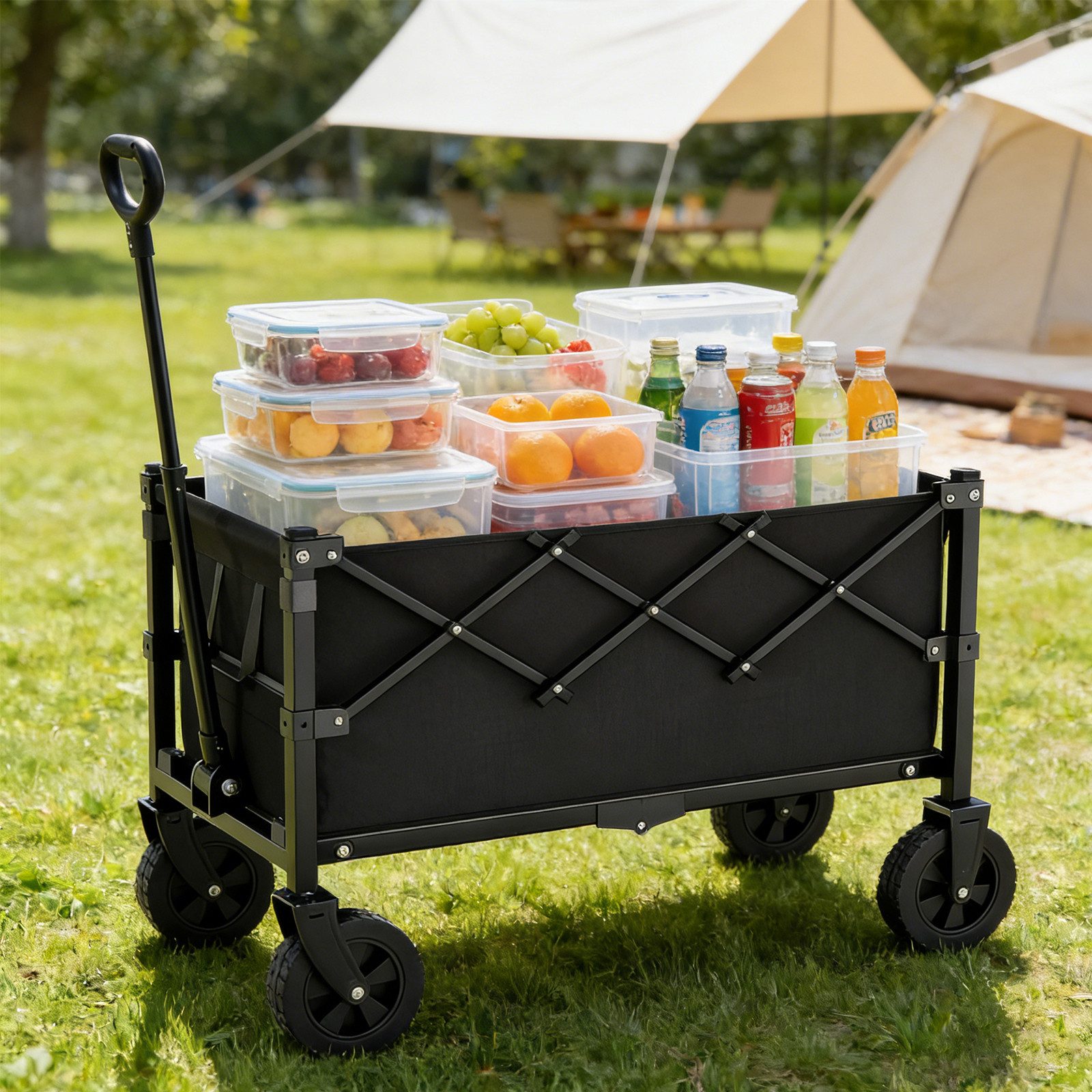 BlingBin Bollerwagen Faltbarer Handwagen mit Griff Verstellbarer Griffhöhe bis 80 kg (1er Set, 1-tlg., 67L x 45B x 89H cm), Kleiner Gartenwagen faltbar, kompakt für Sport Einkauf Camping