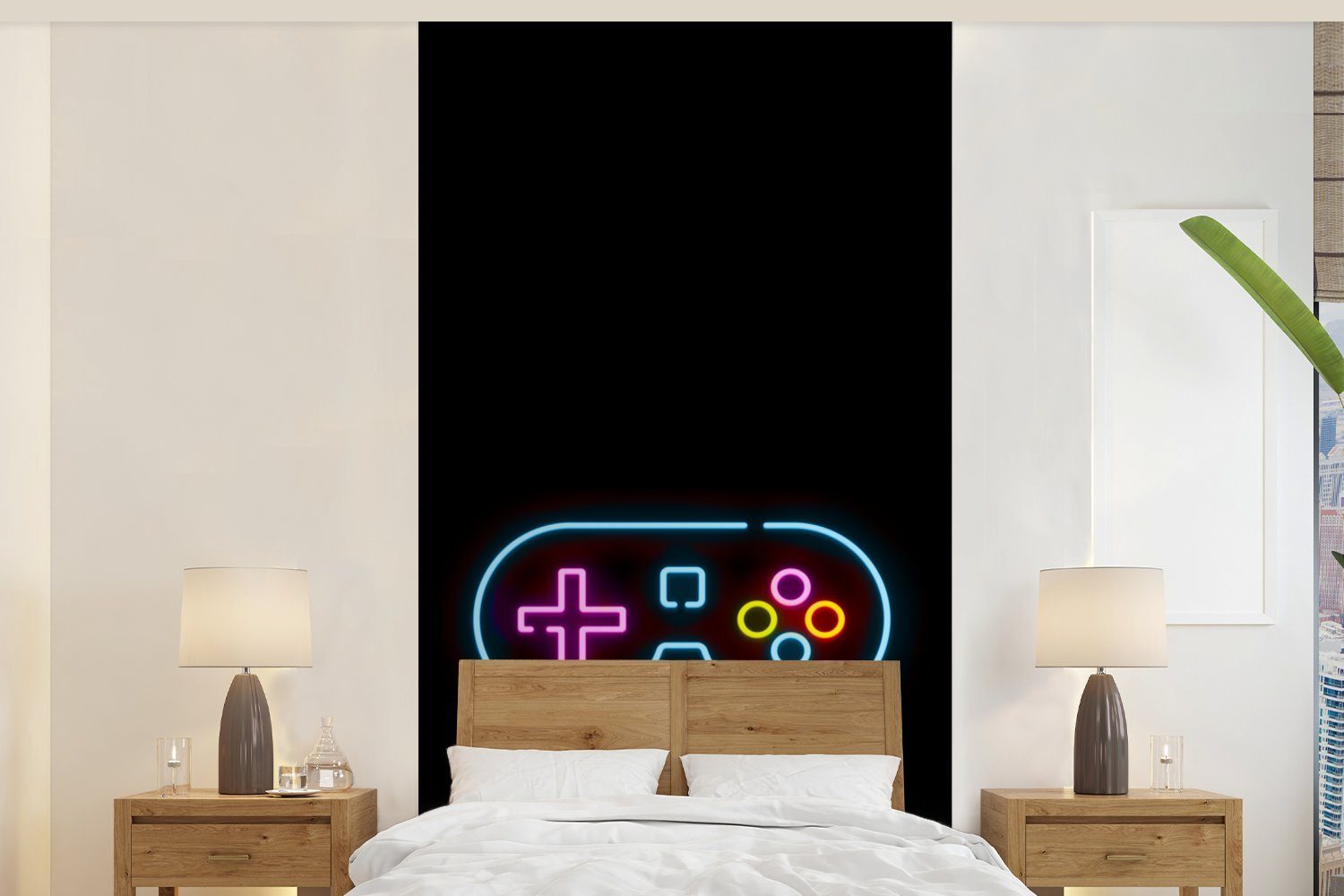 MuchoWow Fototapete Controller - Spiel - Neon - Schwarz - Zitate - Spielzone, Matt, bedruckt, (2 St), Vliestapete für Wohnzimmer Schlafzimmer Küche, Fototapete