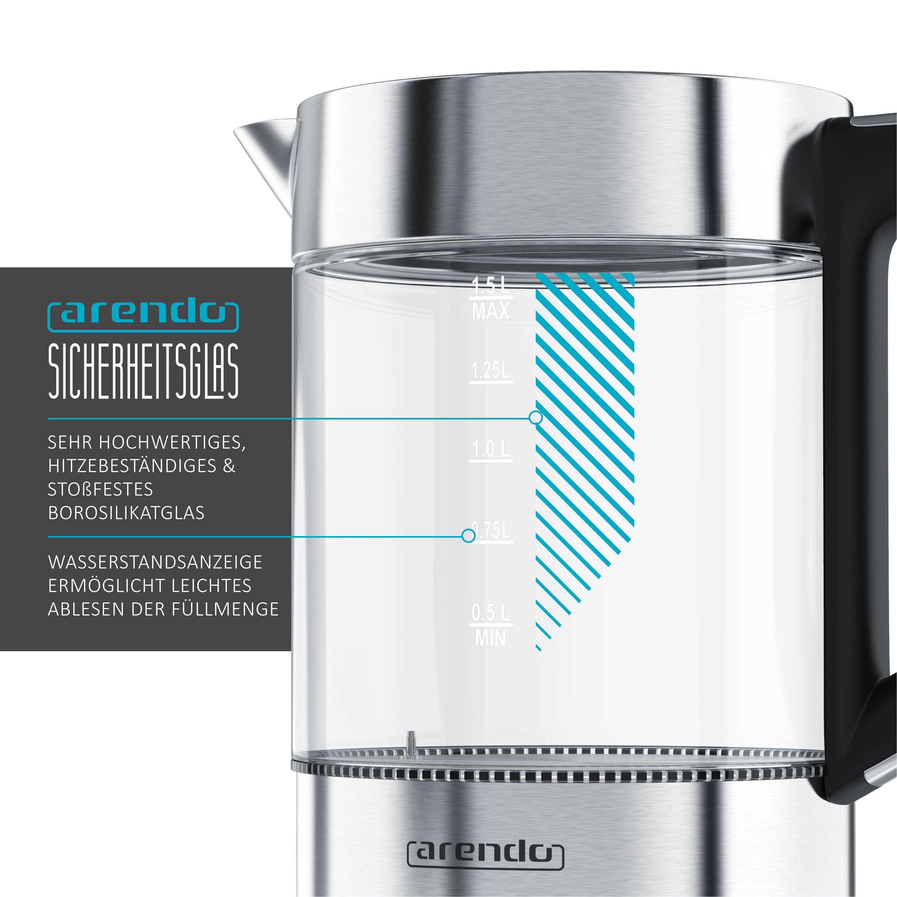 Arendo Frühstücks-Set Edelstahl Wasserkocher 1,5l, 4-Scheiben Langschlitz Toaster, silber (2-tlg), Wasserkocher Glas mit Temperatureinstellung, Toaster Brötchen – Bild 2 von 5