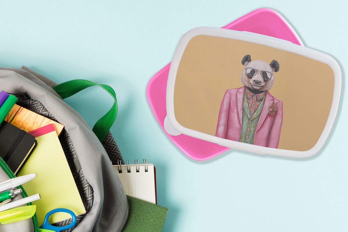 MuchoWow Lunchbox Panda - Anzug - Sonnenbrille - Blau, Kunststoff, (2-tlg), Brotdosen, Lunch Box, Brotbox für Kinder und Erwachsene