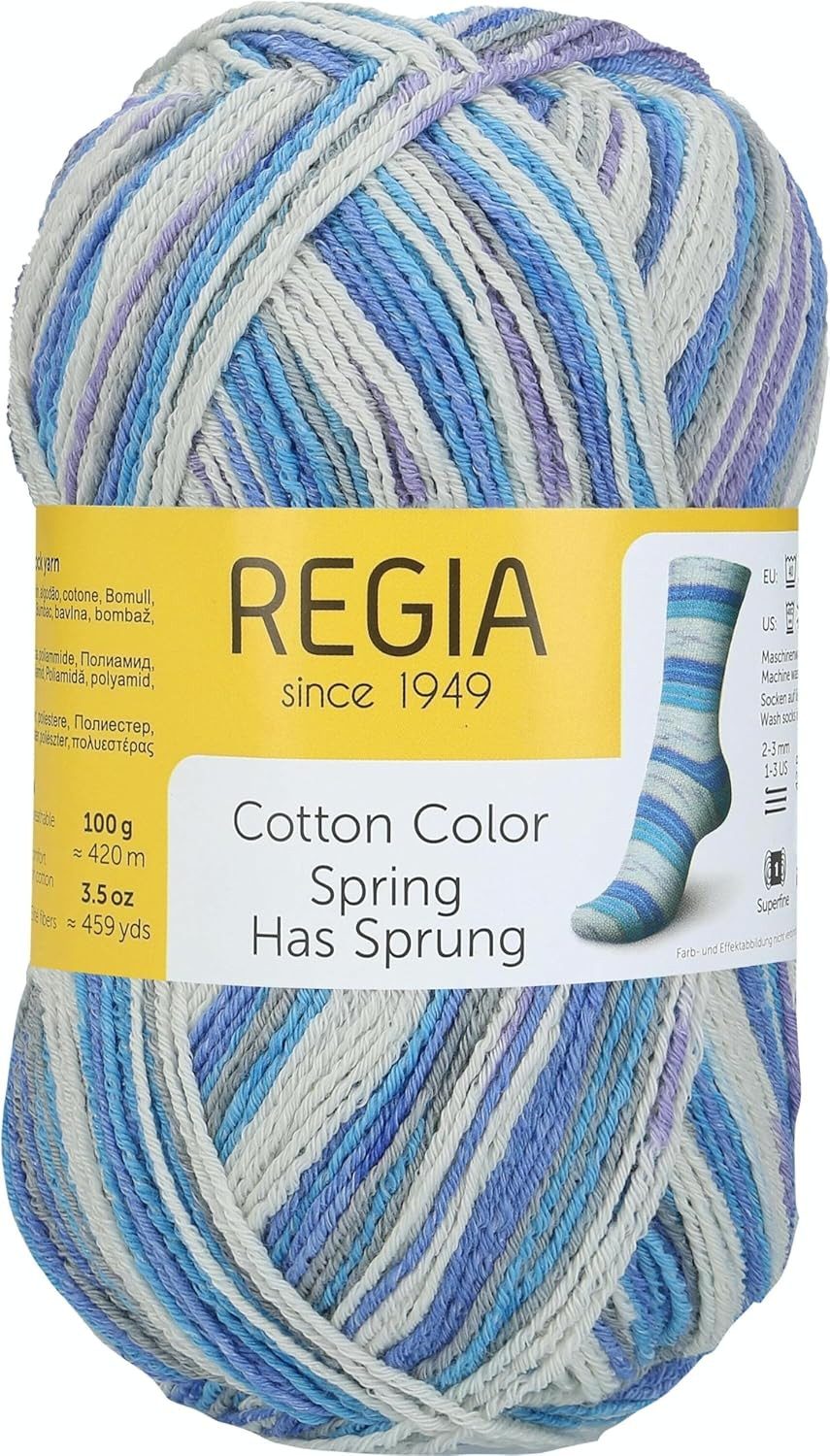 Regia Sockenwolle 4 fädig Cotton Color mit Baumwolle Häkelwolle, 420 m (100g Strumpfwolle, Sockengarn 4fach, auch für empfindliche Haut und Wolle-Всеrgiker), mit 72% Baumwolle, ohne Schurwolle