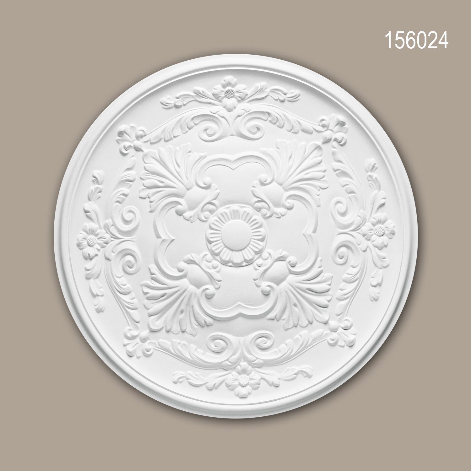 Profhome Decken-Rosette 156024 Rosette aus Polyurethan Deckenrosette Zierelement Ø 49,6 cm (Rosette, 1 St., Deckenrosette, Medallion, Stuckrosette, Deckenelement, Zierelement), weiß, vorgrundiert, Stil: Neo-Empire