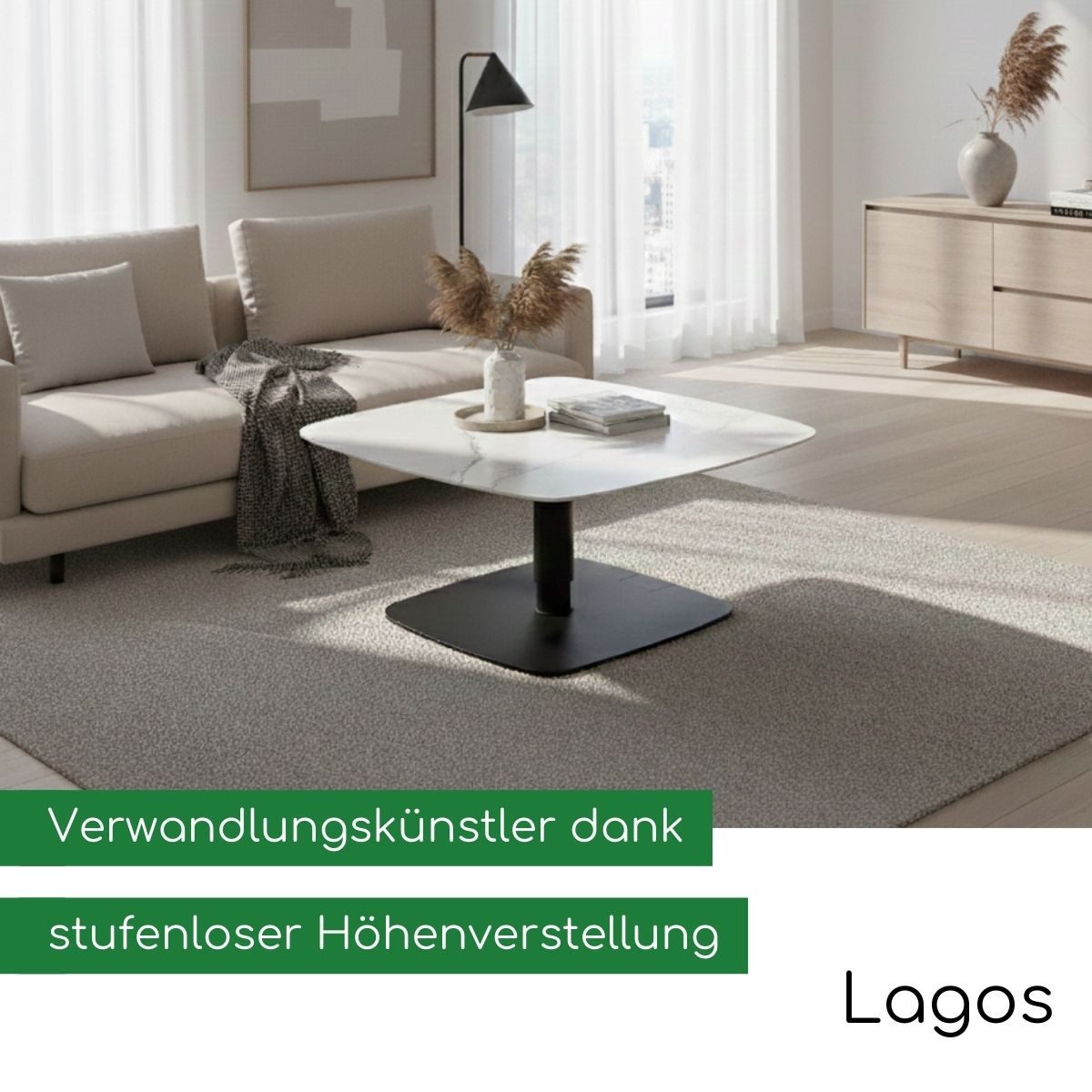 CASA DOMA Couchtisch Lagos, Beistelltisch, höhenverstellbar, Tischplatte Keramik, 90x90 cm, zwei Farben, Marmorierung schwarz oder weiß