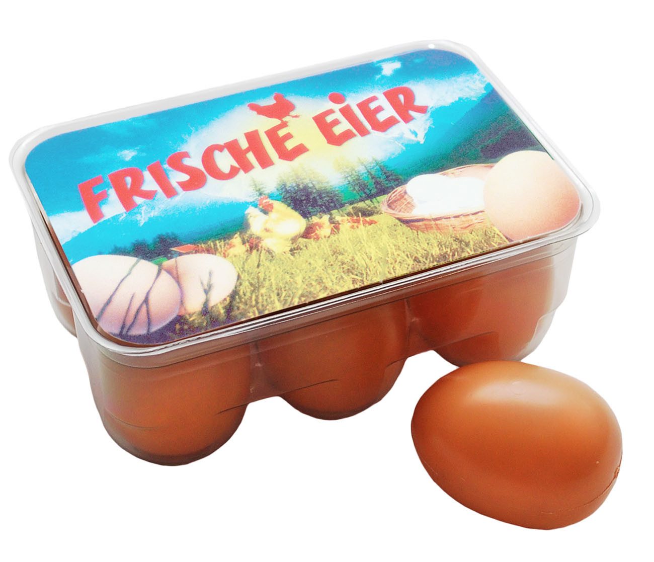 Chr. Tanner Spiellebensmittel 6 Eier in SB-Box Spiellebensmittel für Kaufladen, (7-tlg), Realistische Eierbox, scannbar durch blauen Barcode