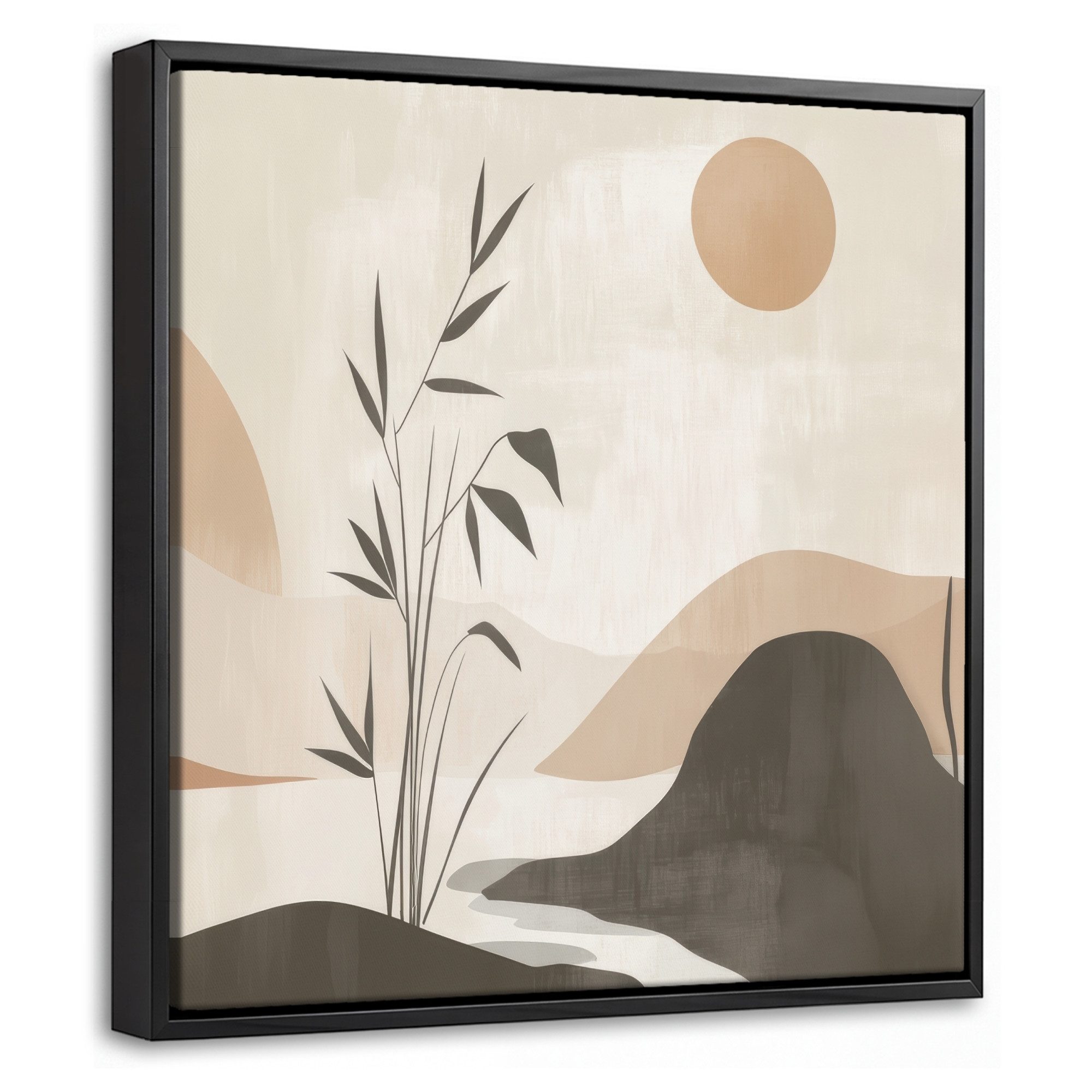 OneMillionCanvasses® Leinwandbild mit Rahmen - Japandi - Landschaft - Beige, Fotodruck (1 St), Leinwand Bilder Klein, Wand Dekoration Aesthetic 20x20cm