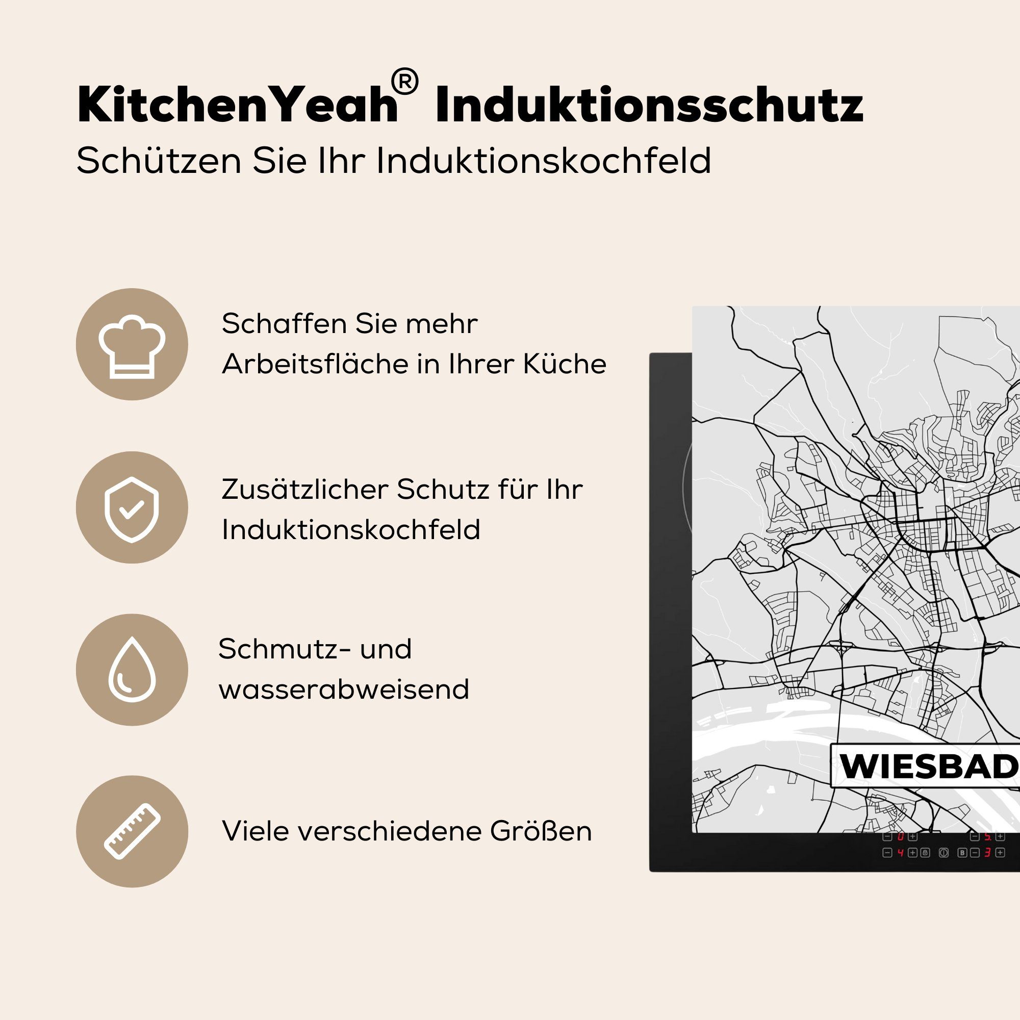 Ceranfeldabdeckung, Arbeitsplatte Deutschland Vinyl, Karte, für (1 cm, Stadtplan Herdblende-/Abdeckplatte tlg), - MuchoWow küche - Wiesbaden - Karte - 78x78
