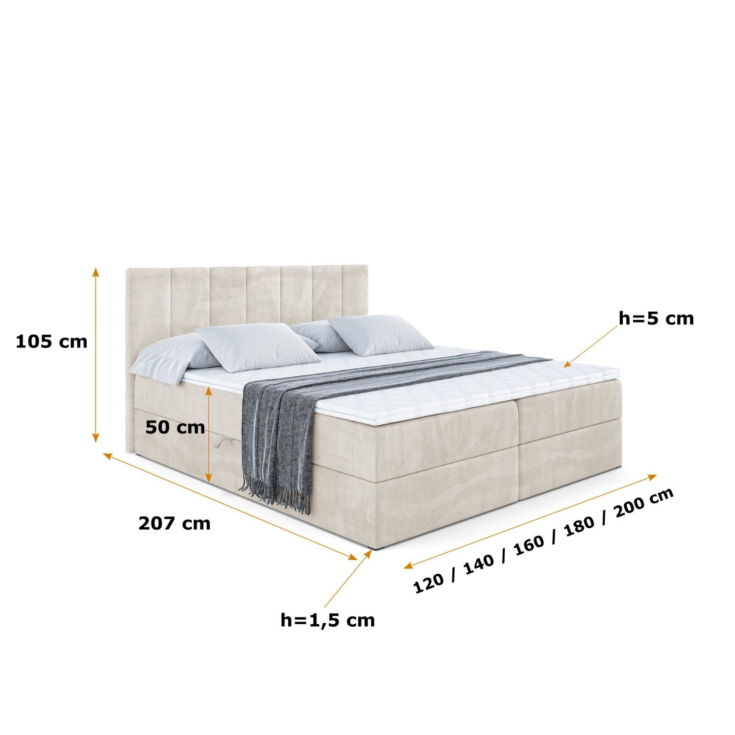 ALTDECOR Boxbett MOETI (Multipocket-Matratze H4, H3 Matratze Bonellfederung, Topper, Kopfteil)