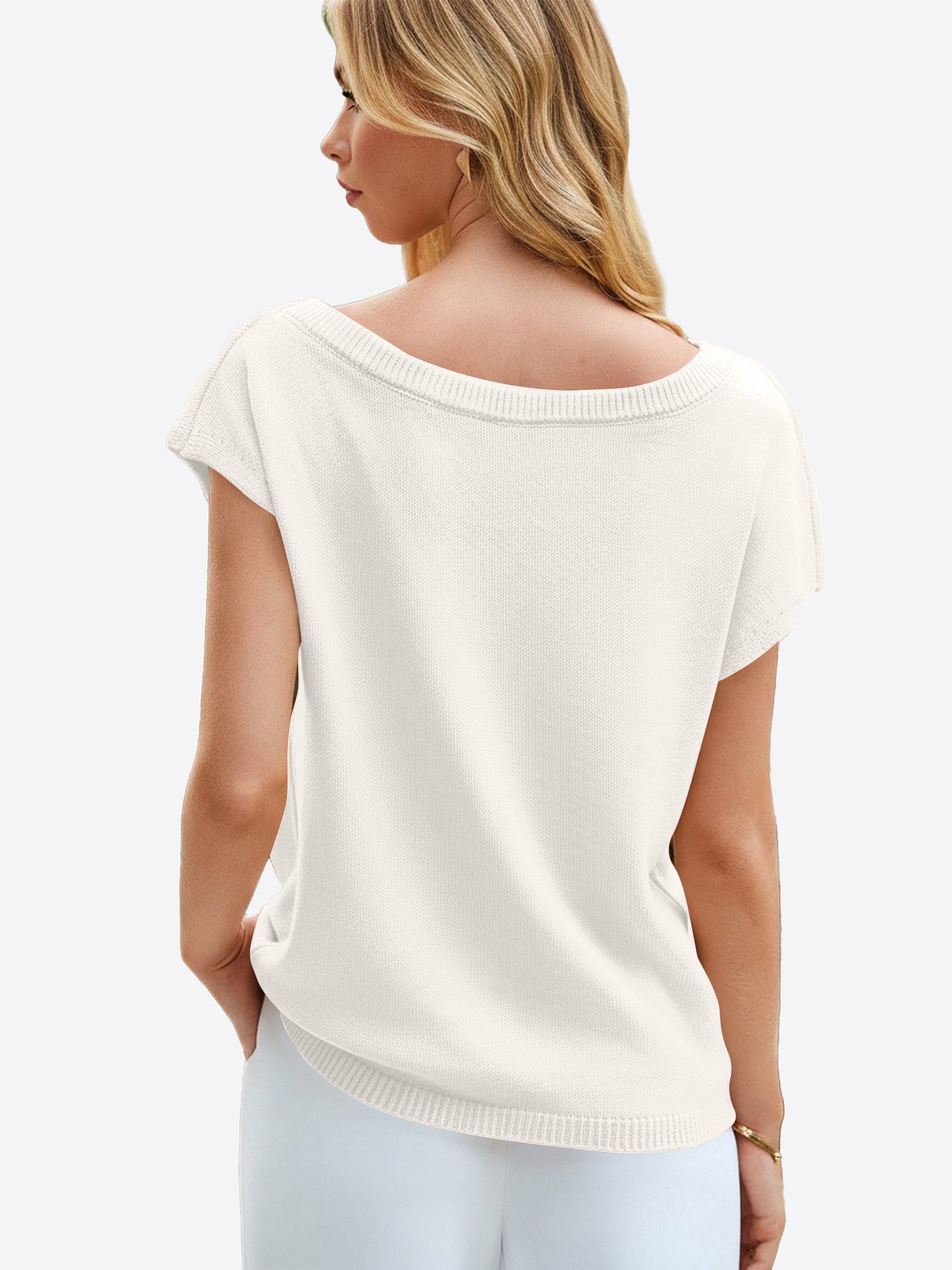 Imily Bela Stricktop Damen One-Shoulder Schulterfrei Kurzarm Rundhals Lässig Oberteil (Packung, 1-tlg., 1per-Pack) gehäkelt in Unifarbe – Bild 2 von 5
