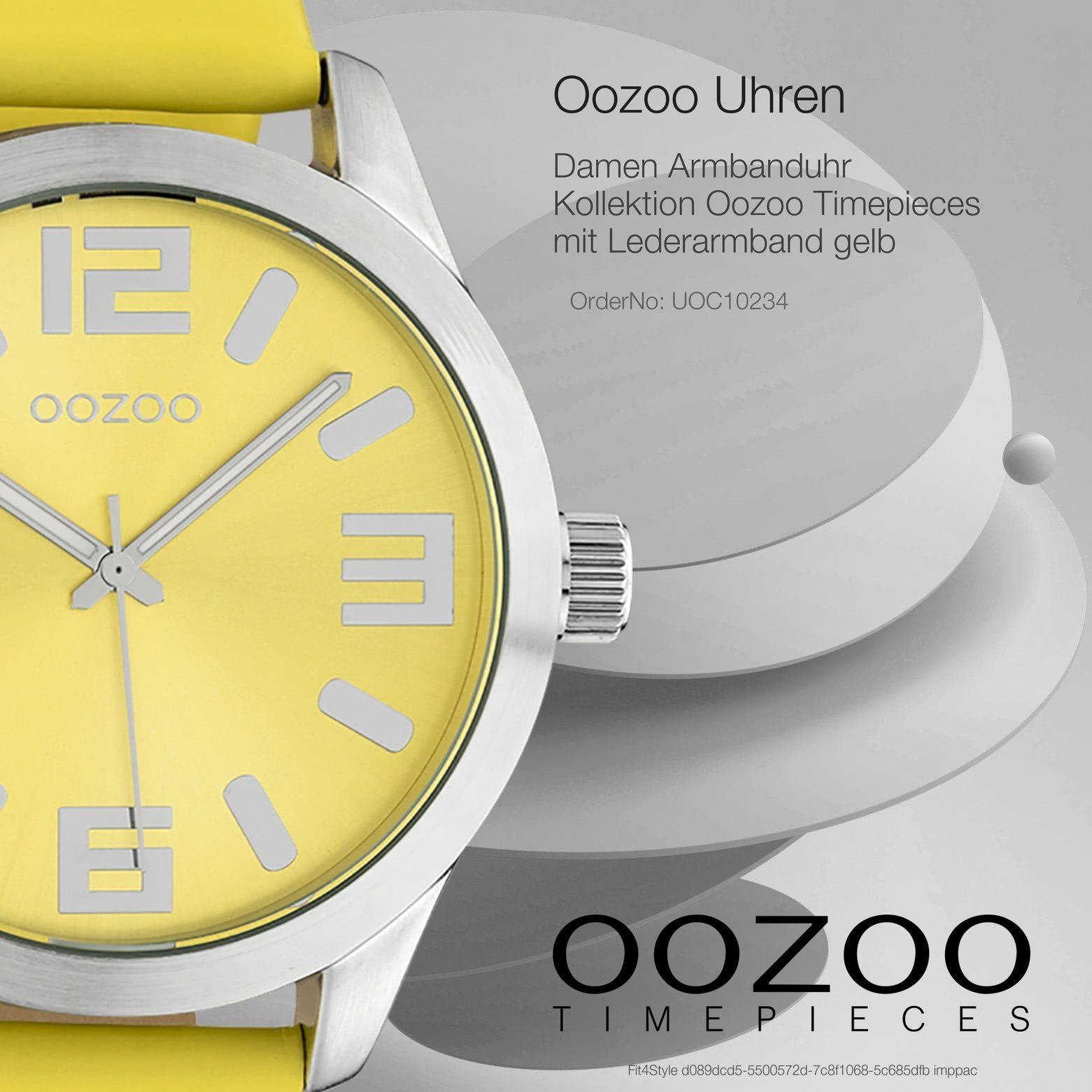 OOZOO Quarzuhr Oozoo Damen Armbanduhr gelb Analog, (Analoguhr), Damenuhr rund, extra groß (ca. 46mm) Lederarmband, Fashion-Style