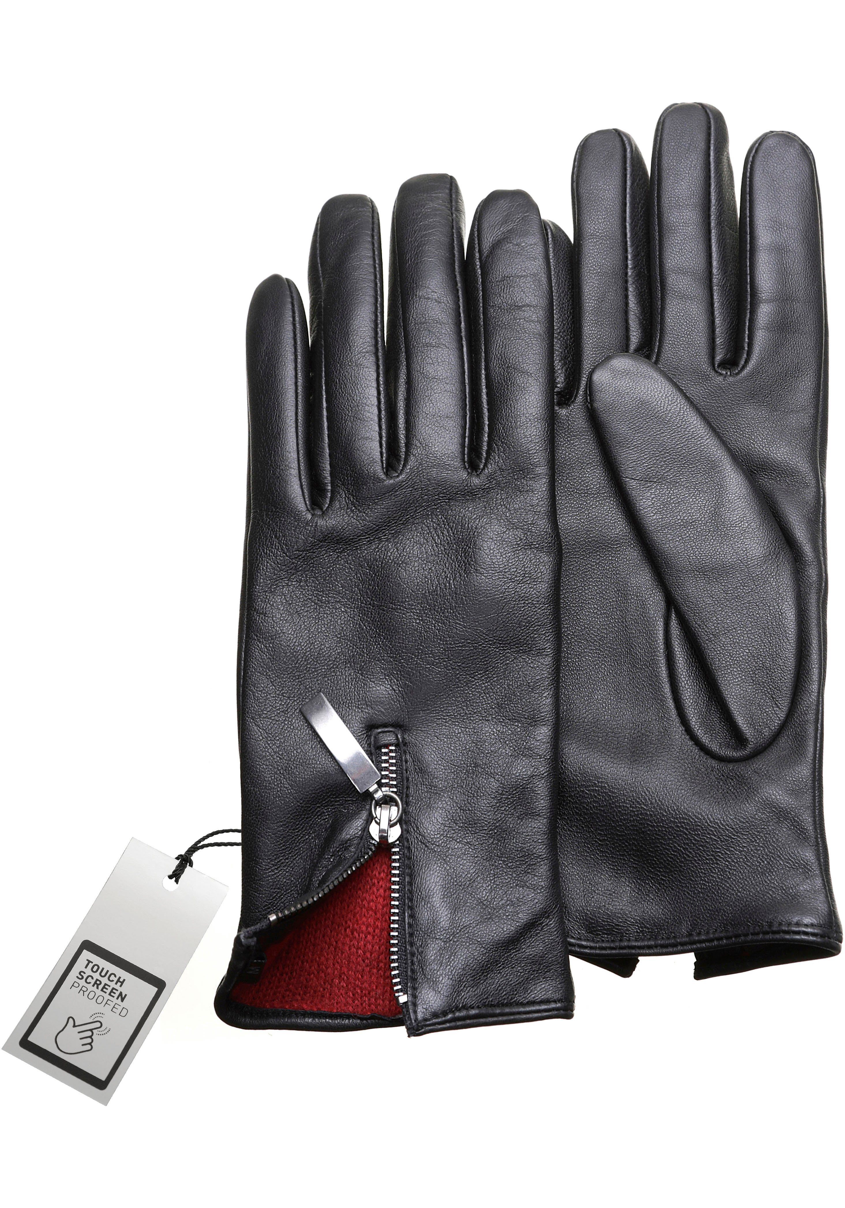 PEARLWOOD farbigem Handrücken Lederhandschuhe Glattleder, Zipper Innenfutter, dem mit auf