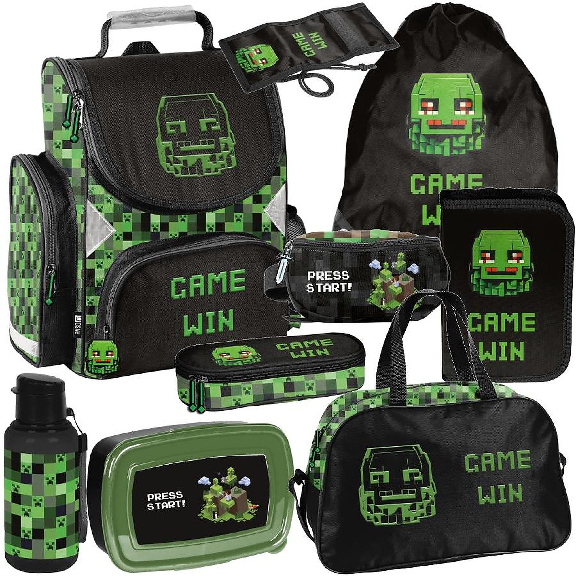 PASO Schulrucksack (Schulset, 9-tlg), Pixels, 9-tlg. Set, Schwarz