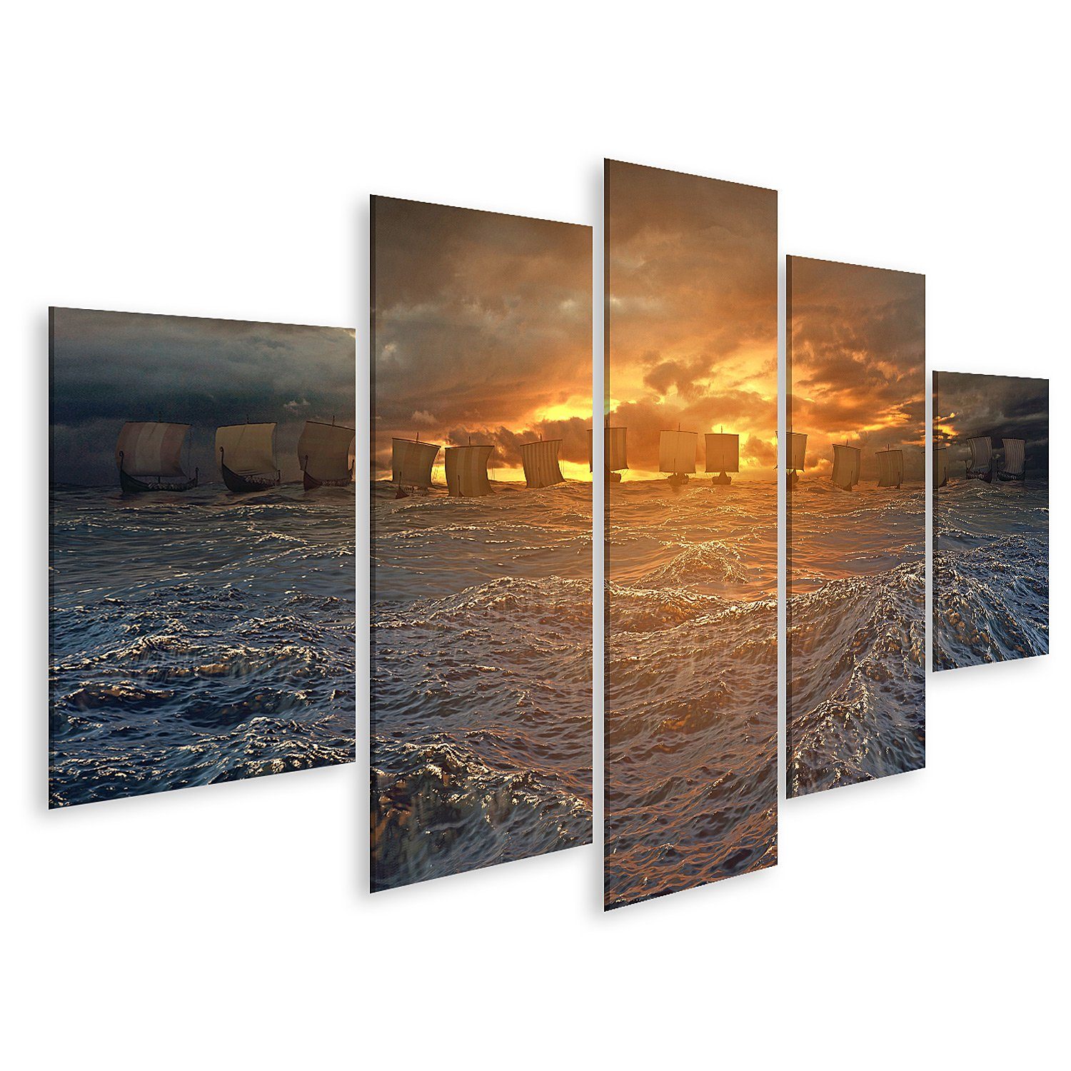 islandburner Leinwandbild Bild auf Leinwand Wikinger Schiffe Unter Sturm Horizont Stürmischen Oz