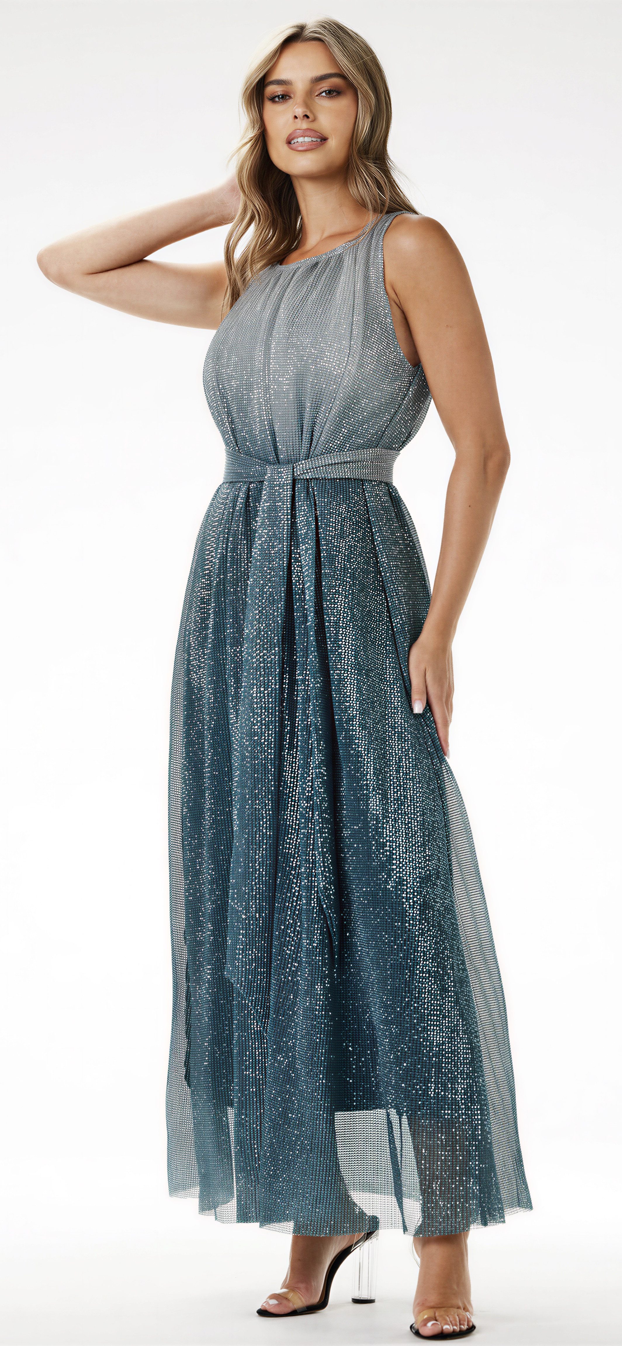 Awama Maxikleid mit Pailletten und Bindegürtel