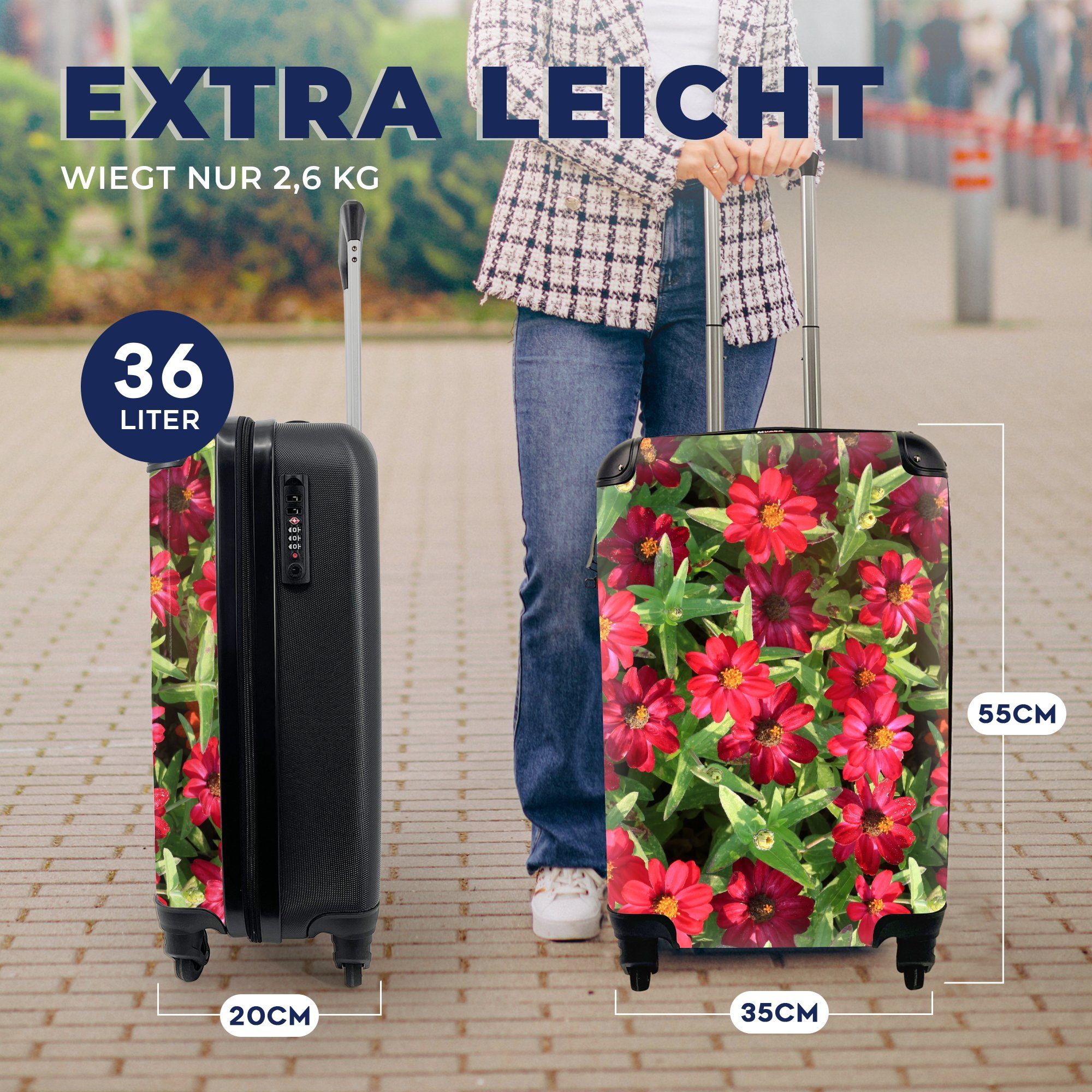 an Tag, einem Rote Trolley, 4 mit Handgepäck für MuchoWow sonnigen Reisekoffer Reisetasche Zinnienblüten Rollen, Ferien, rollen, Handgepäckkoffer