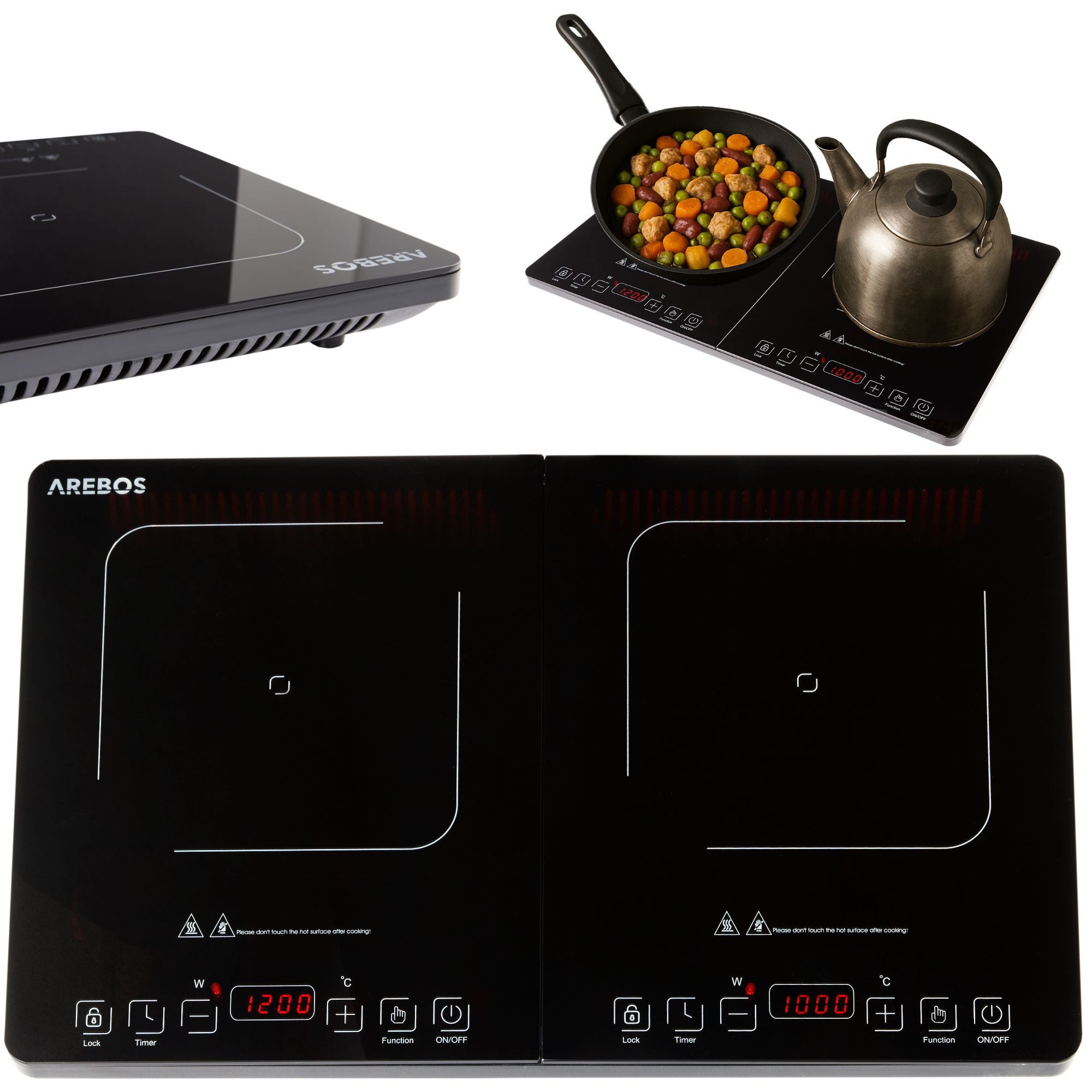 Arebos Doppel-Induktionskochplatte 3500W, 2 Kochzonen mit Touch-Display & Timer Überhitzungsschutz, Alle induktionsgeeigneten Kochutensilien