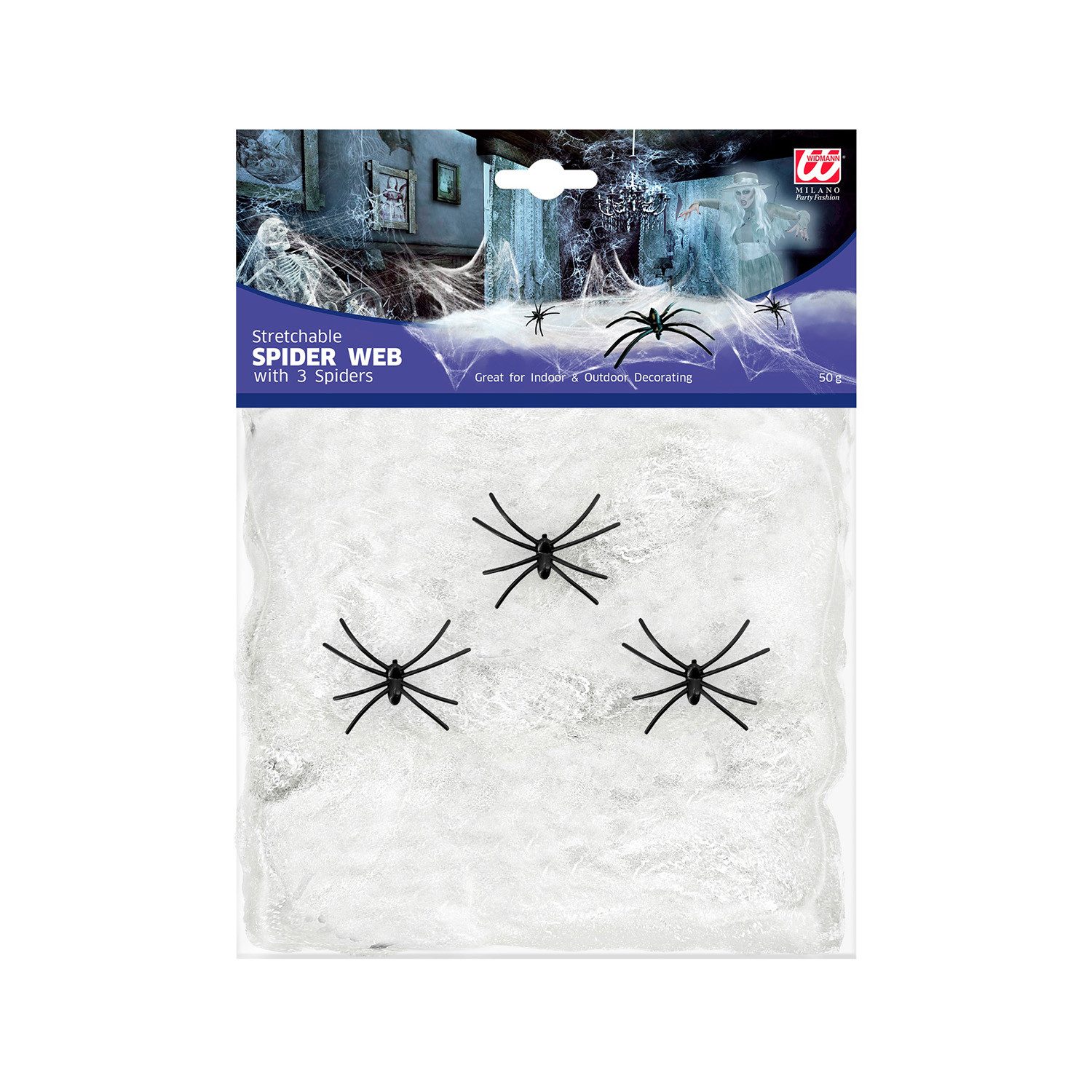 Dekoobjekt Weißes Spinnennetz 50g mit 3 Spinnen, Halloween D