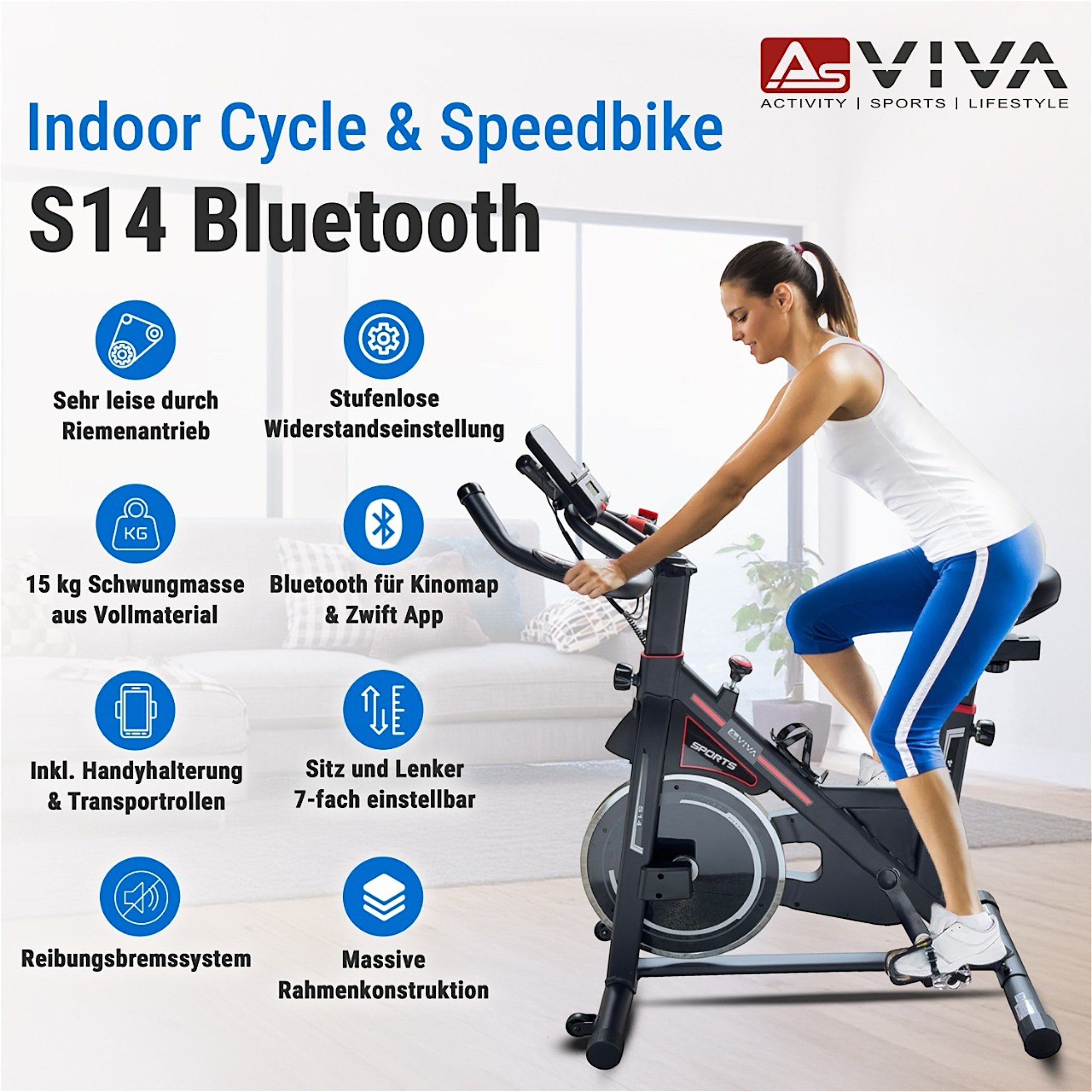 AsVIVA Speedbike S14 Indoor Cycle 2025, Fitnessbike für Zuhause, 15 kg Schwungmasse, Bluetooth-App-kompatibel, Leiser Riemenantrieb