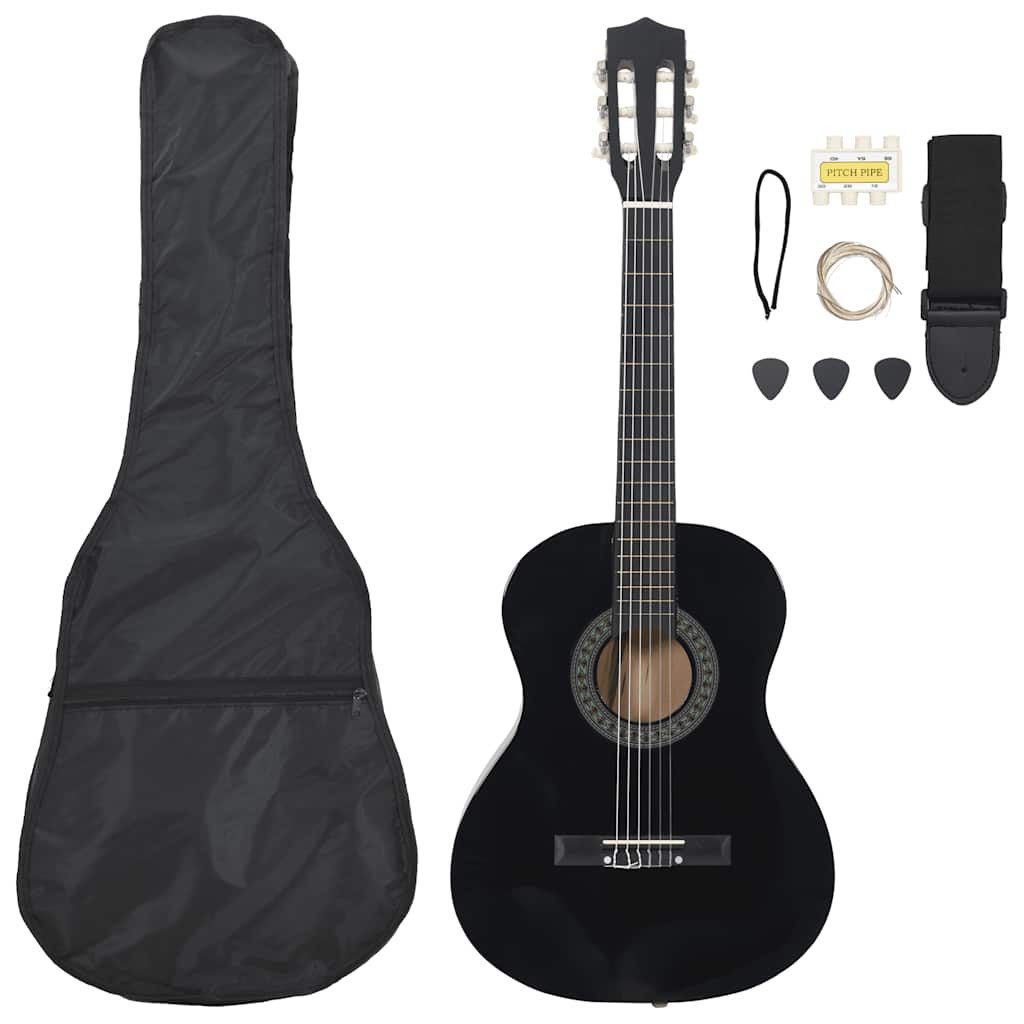 furnicato Akustikgitarre 8-tlg. Klassikgitarren-Set für Anfänger Schwarz 3/4 36, Massivholz-Saiteninstrument mit Tasche, Gurt, Plektren und Stimmpfeife