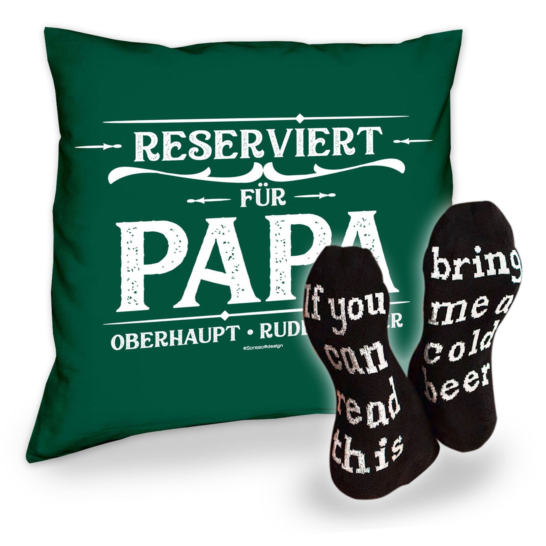 Soreso® Dekokissen Kissen Weihnachten Bier Vatertag dunkelgrün für Papa Geburstag Geschenk Reserviert Spruch, Socken mit und