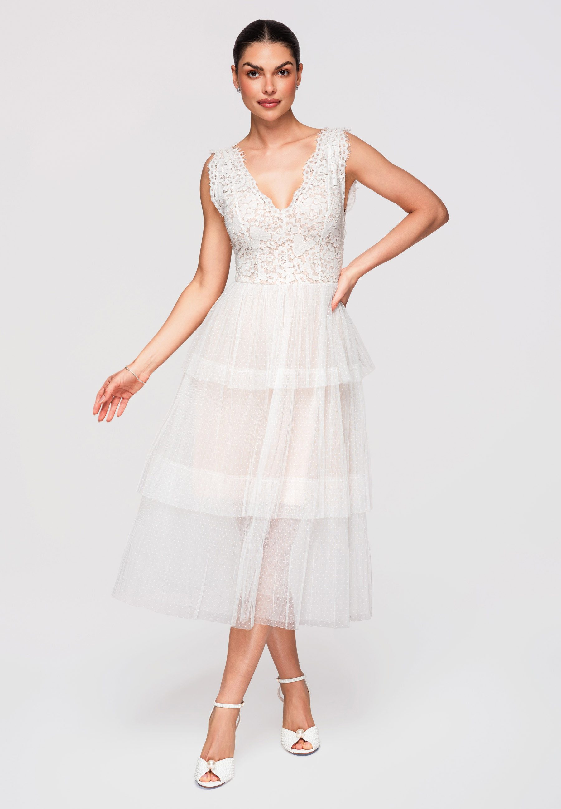 OMBRE Abendkleid Cocktailkleid Spitze Tüll Midi-Kleid Weiß M (kein Set, 1-tlg) Mehrlagiger Rock, Spitze am Oberteil