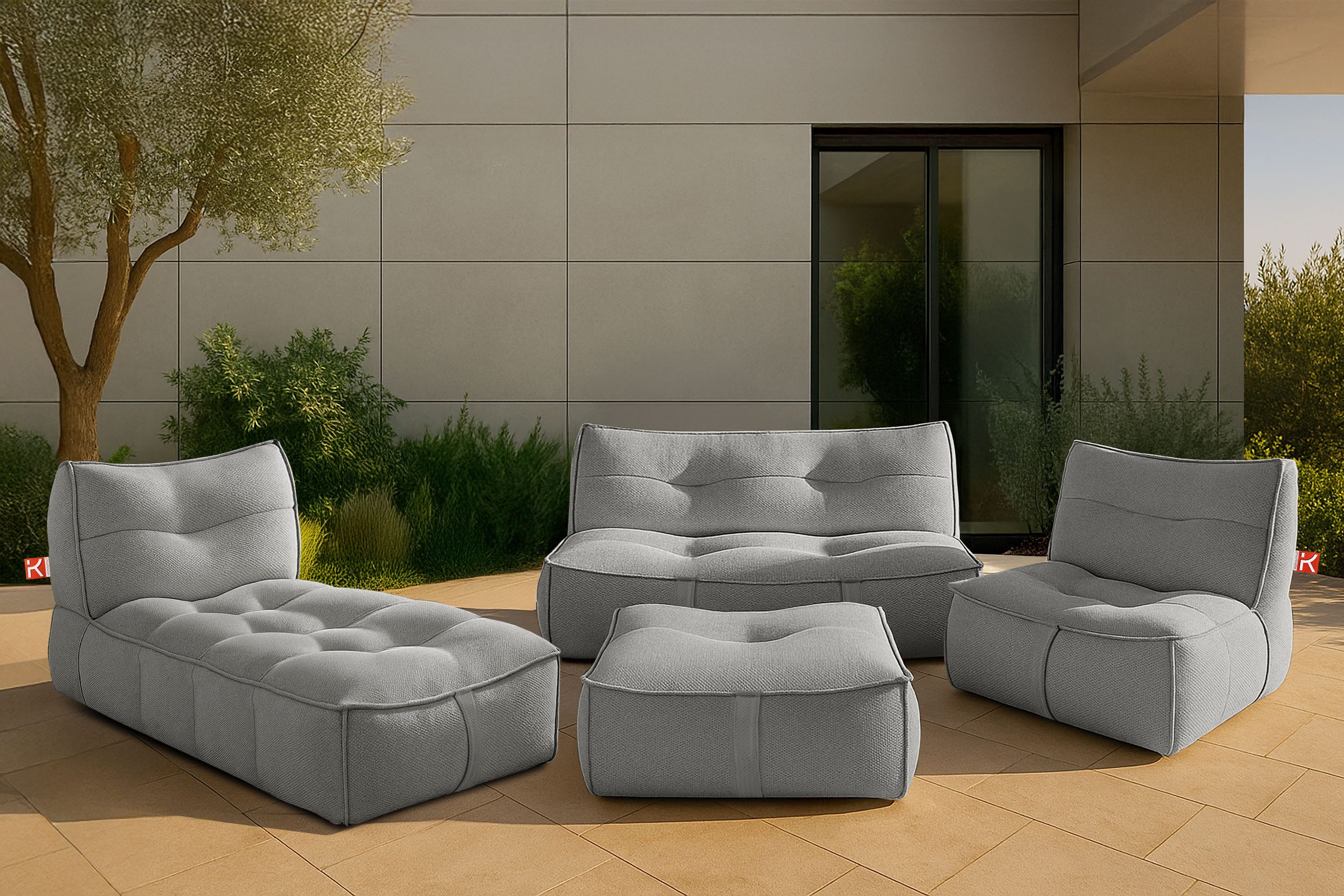 KONSIMO® Gartenlounge-Set LOVIA Gartenmöbel-Set, Modern, Premiumqualität aus EU, (4-tlg., wetterbeständig, rutschfeste Unterseite, ultra-robuste Griffe), hochwertiger Sitzkomfort, mit integrierter Schutzhülle