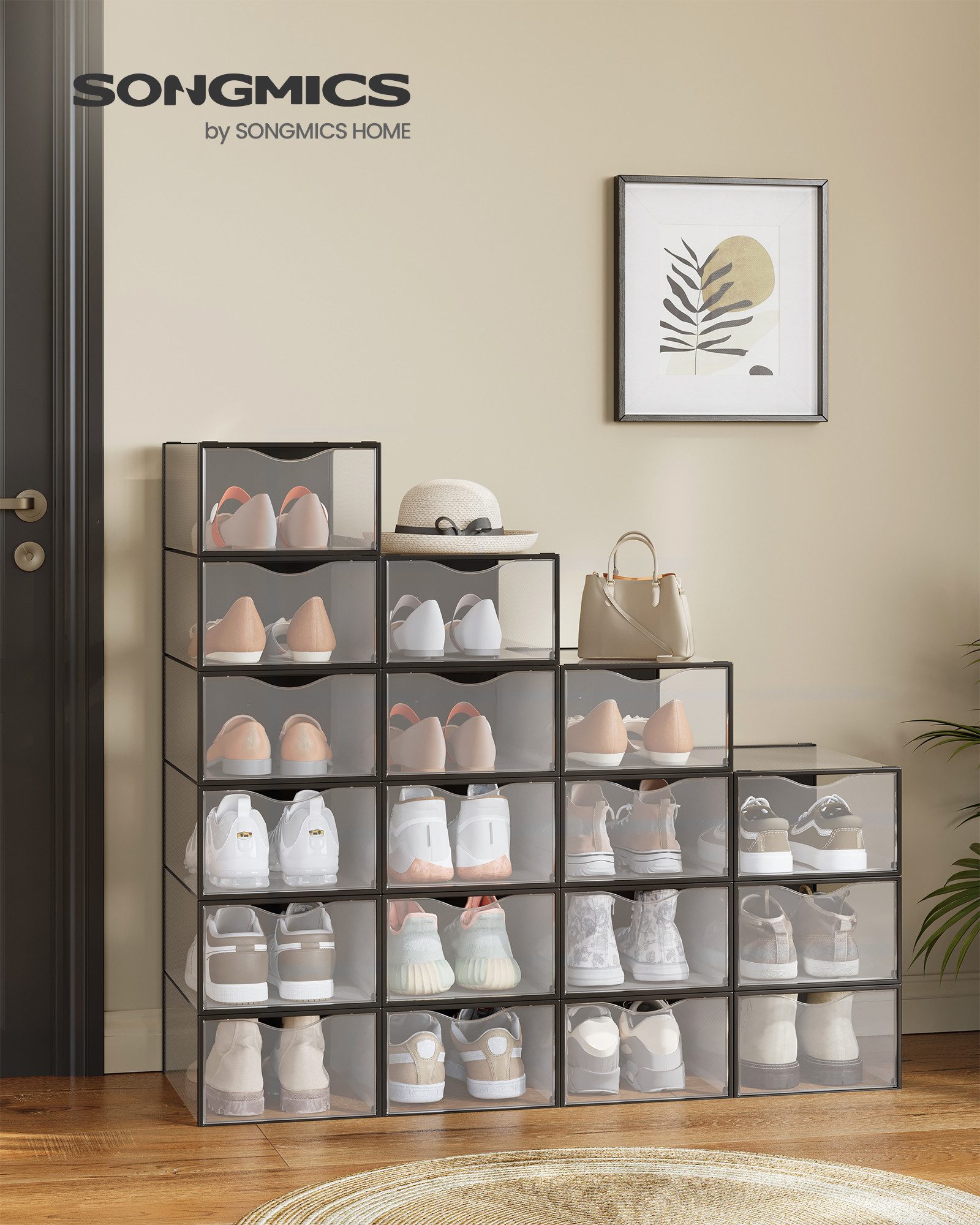 SONGMICS Schuhbox Schuh-Organizer (18 St), Schuhboxen, durchsichtig, 12/18er Set, 33,2 x 23 x 14,5 cm