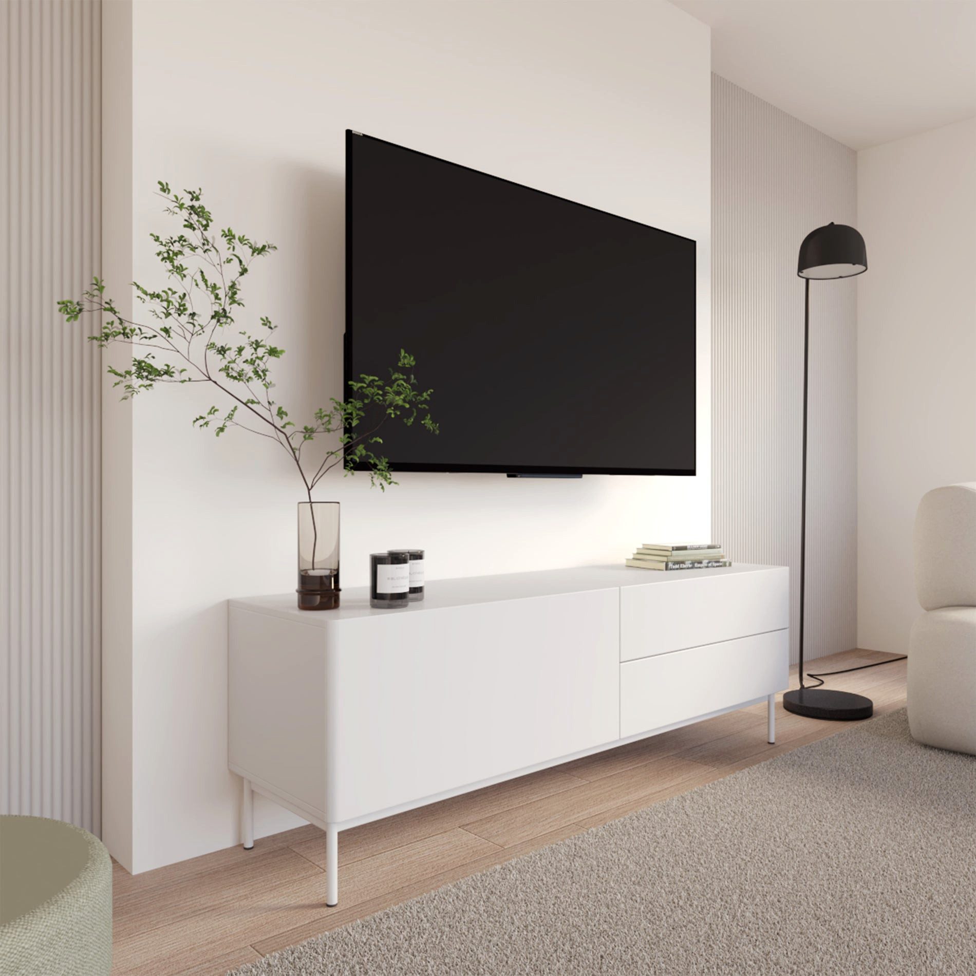 Selsey TV-Schrank OLIO TV-Lowboard Olio mit einer Klappe und zwei Schubladen 160 cm Weiß
