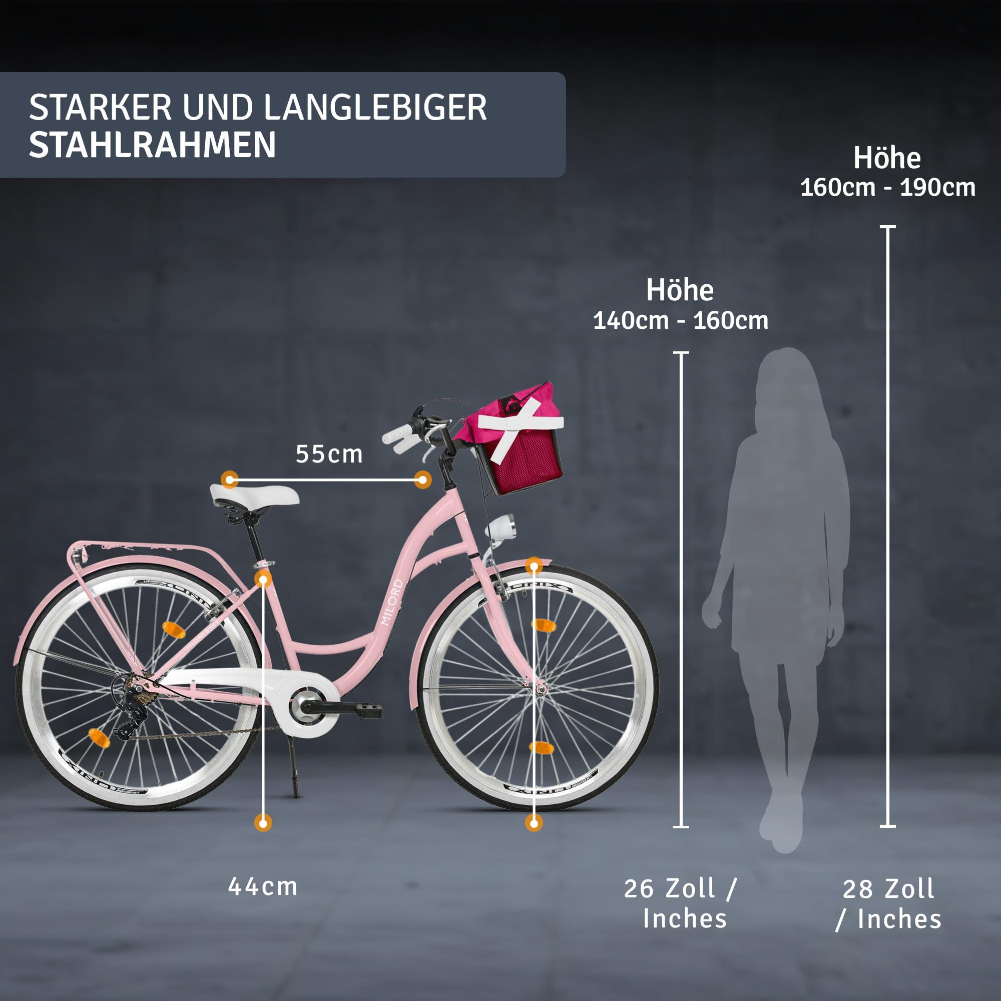 Milord Cityrad Milord City Fahrrad Korb Retro Damenfahrrad, 28/26 Zoll, Rosa, 7-Gang, 7 Gang, (Fahrradständer, Gepäckträger, Klingel, Korb, Kotflügel)