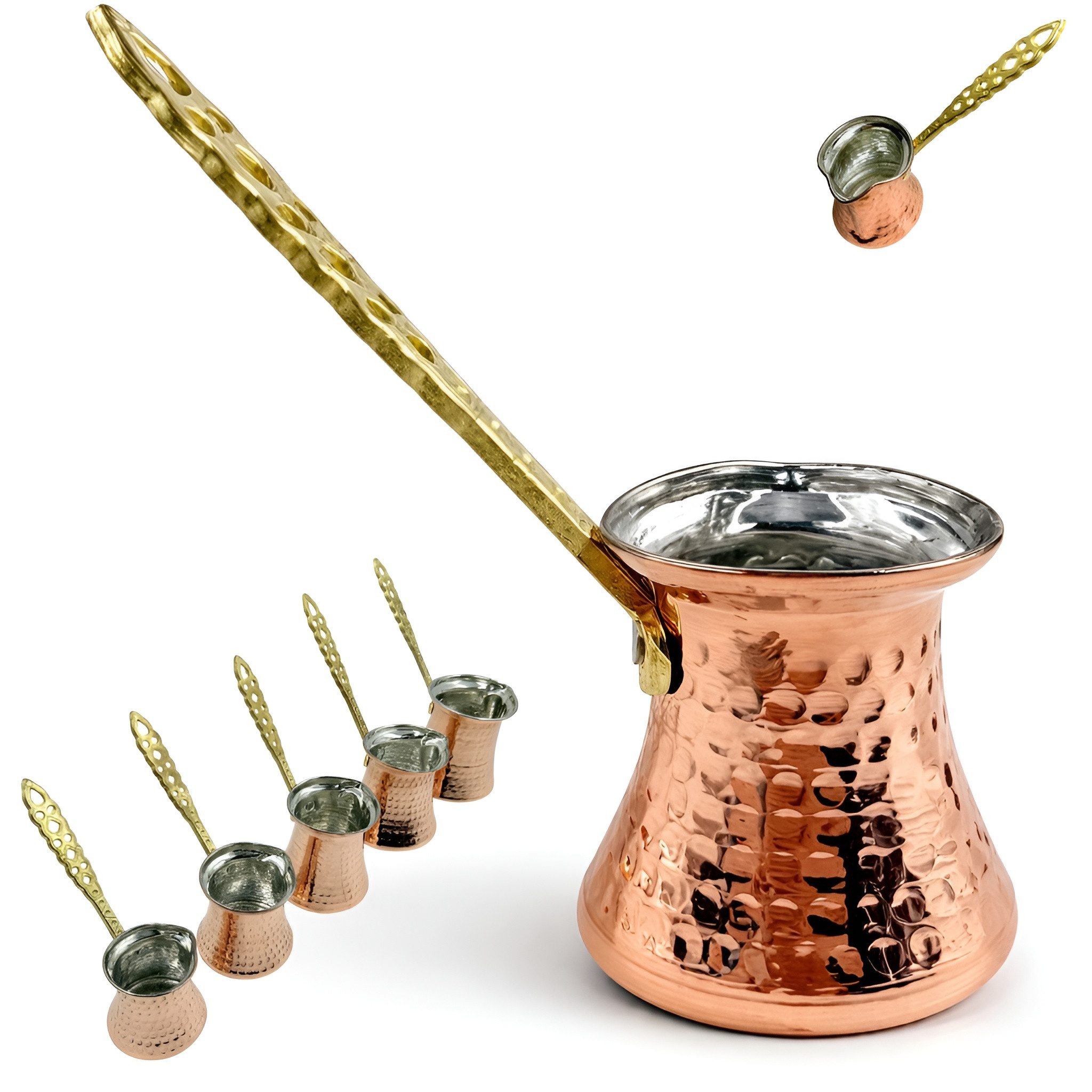 inovesis Kaffeekanne Handgemachte Kupfer, Cezve, Traditionelle Türkische Kaffeekanne, (Schnelle und gleichmäßige Wärmeleitung, Langer, hitzebeständiger und stabiler Griff, 2-St., Innen mit lebensmittelechtem Zinn beschichtet), Handgefertigt aus 100 % echt