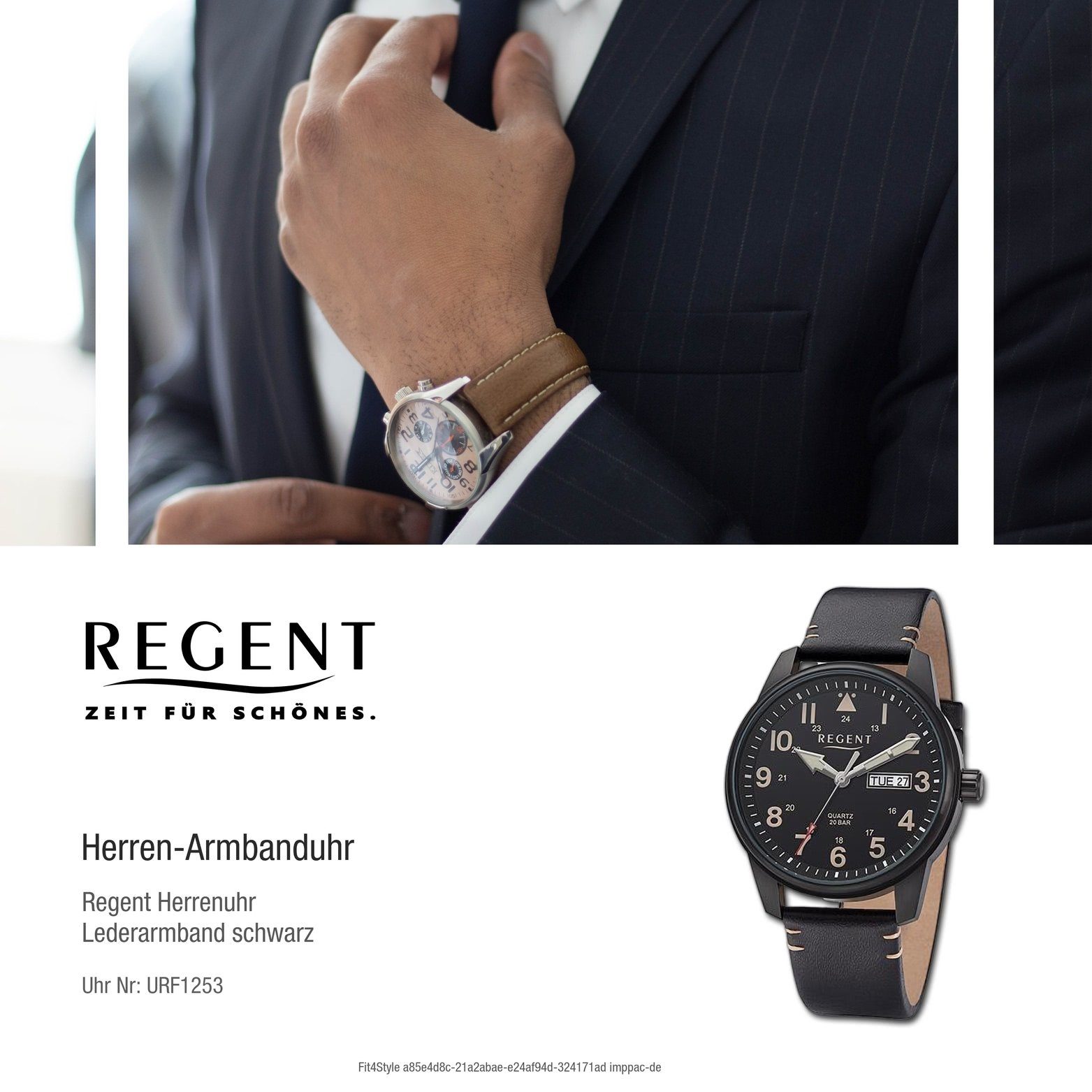 Regent Quarzuhr groß (40,5mm) Herren Gehäuse, Regent schwarz, braun, Analog, Armbanduhr rundes Herrenuhr Lederarmband