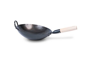 pasoli Wok voreingebrannter, traditionell handgehämmerter Carbonstahl-Wok mit rundem Boden, Karbon-Stahl, Voreingebrannt, runder Boden, traditionell handgehämmert, 30cm Durchmesser, Holzgriff, natürliche Antihaftschicht