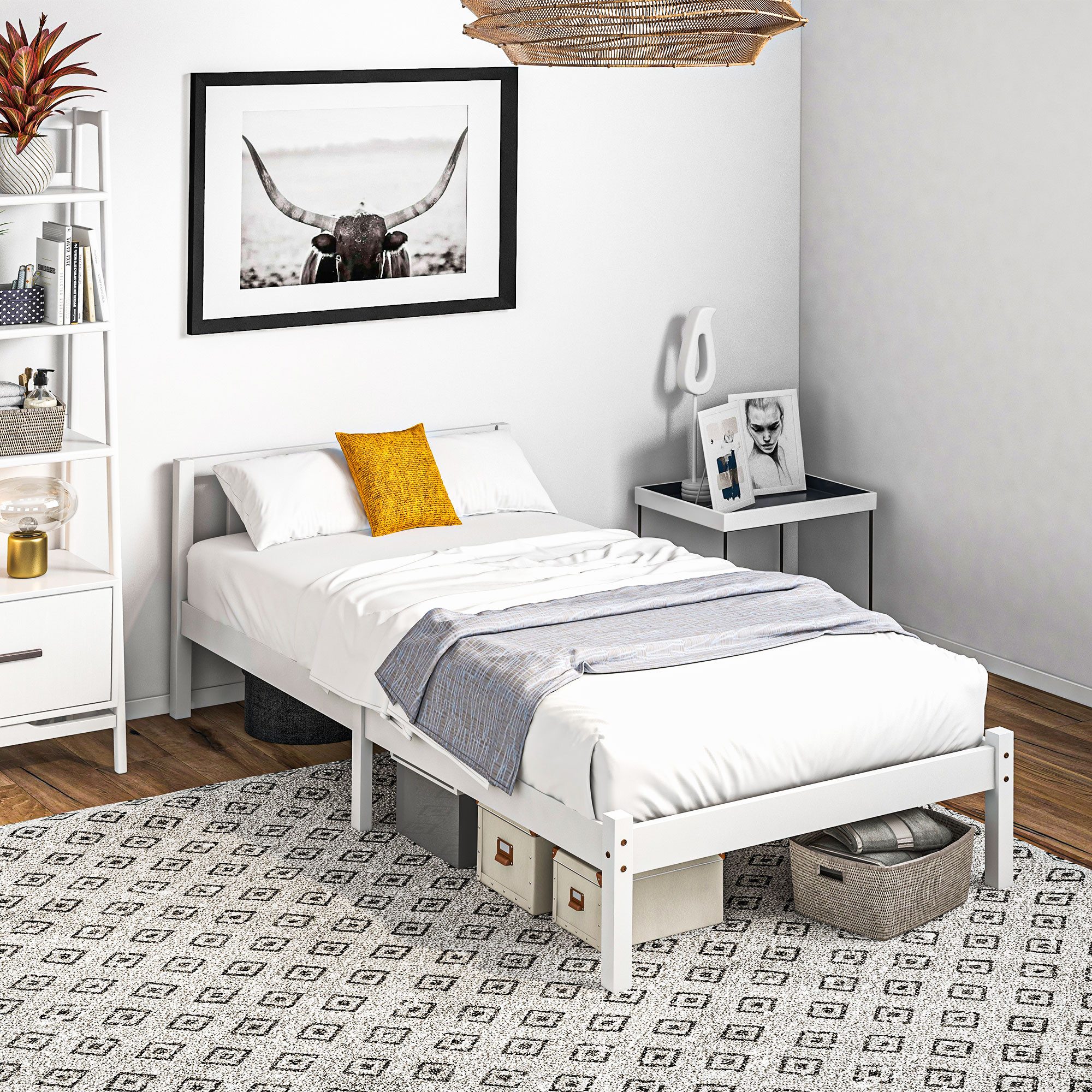 HOMCOM Bettgestell Bettrahmen Holzbett 208x96 cm, mit Kopfteil, für Schlafzimmer (Bettkasten, 1-tlg., Einzelbettgestell), für Wohnzimmer,Weiß