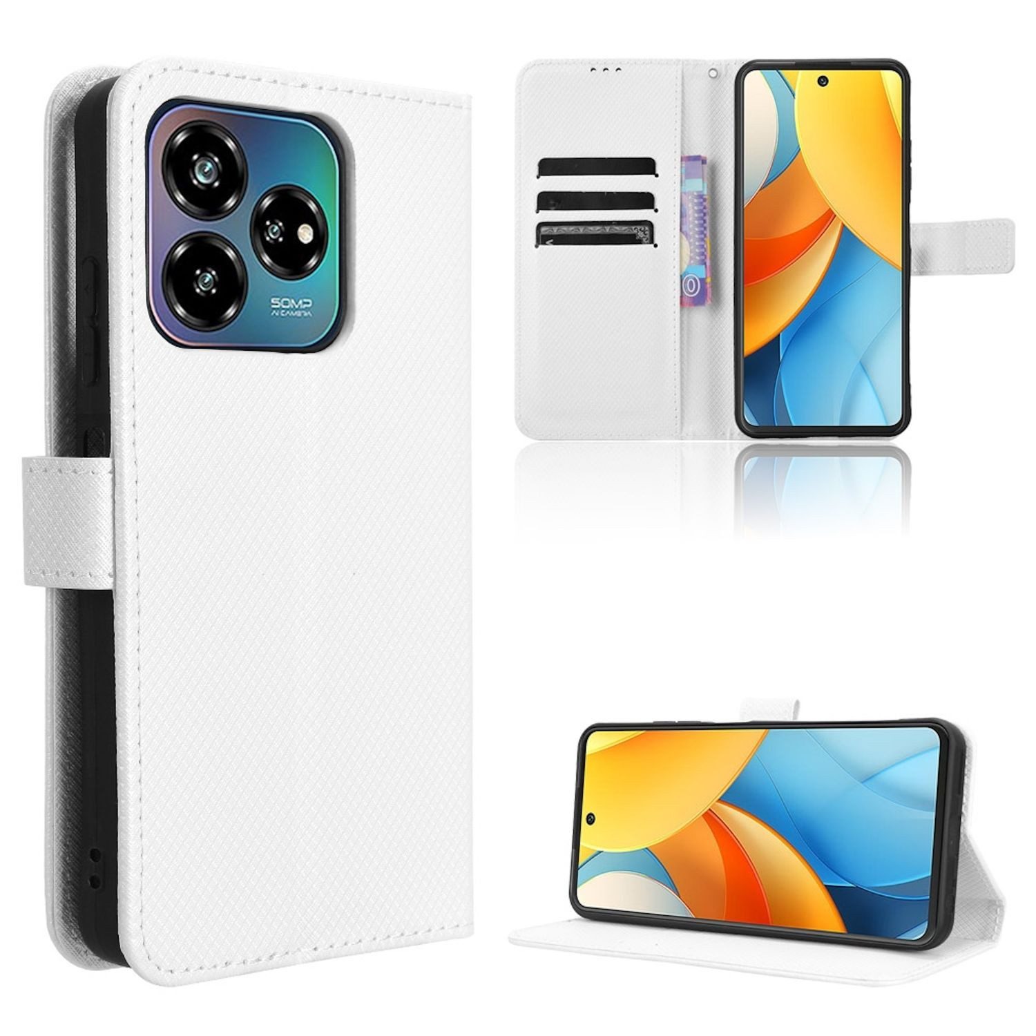 Wigento Smartphone-Hülle Für ZTE Blade V60 Vita / Axon 60 Lite Design Kunst Leder Hülle Weiß, Diamantstruktur PU-Lederhülle mit Kartenfächern und Standfunktion