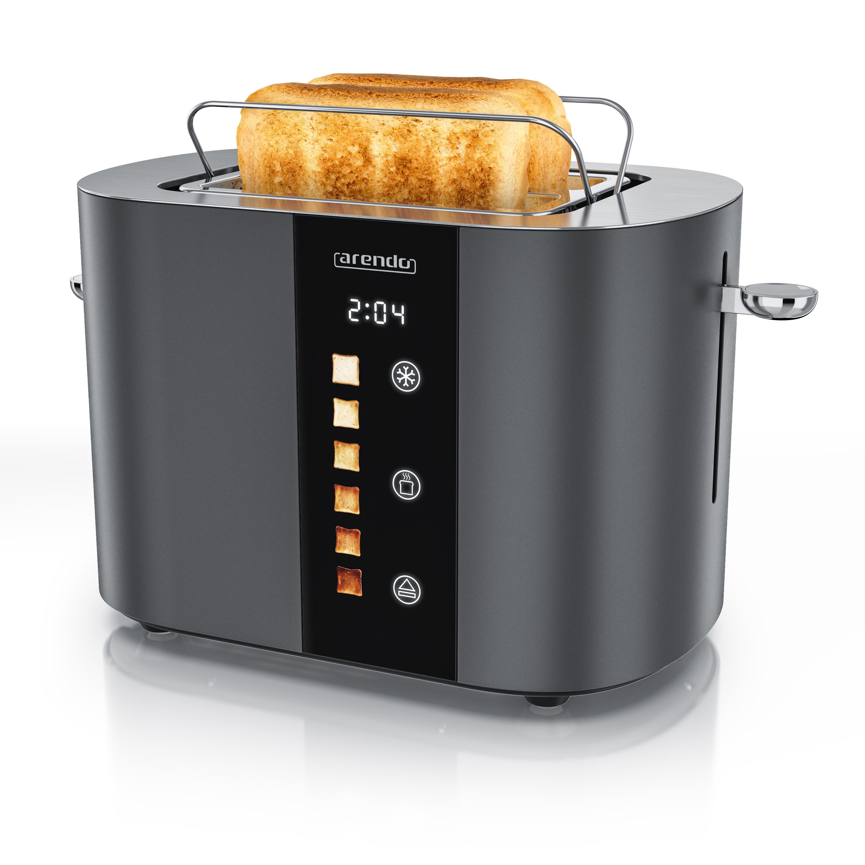 Arendo Toaster 2-Scheiben Kurzschlitz Edelstahl, Touch, Restzeit Bräunungsgradanzeige, 2 Schlitze, für 2 Scheiben, 800 W, Brötchenaufsatz, Wärmeisoliert, Toast-Symbole für Bräunungsgradauswahl