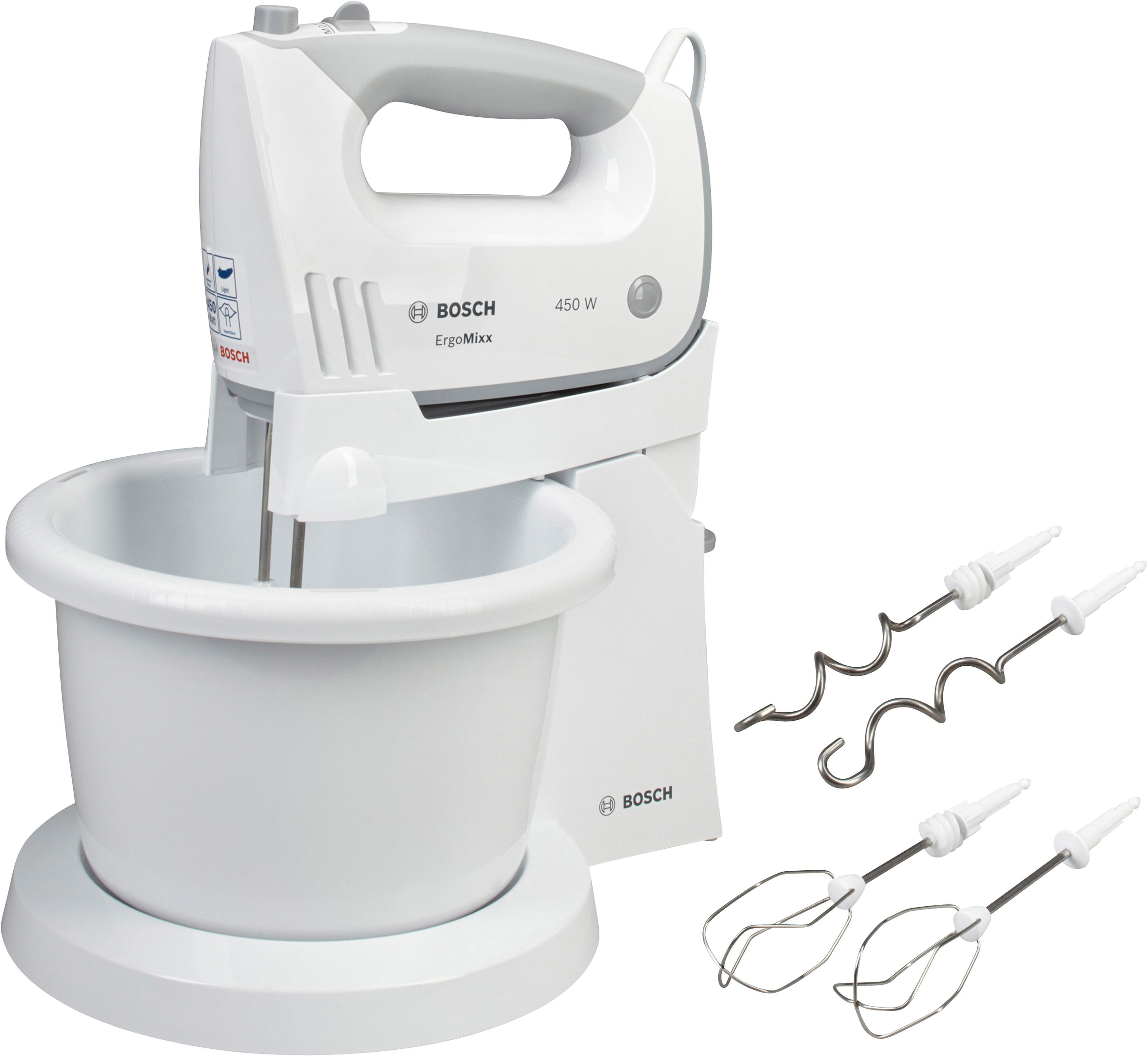 BOSCH Handmixer ErgoMixx MFQ36460, Edelst. Besen/Knethaken, Ständer, Schüssel, weiß, 450 W, 5 Stufen, ergon. Soft-Touch-Griff, Made in Europe
