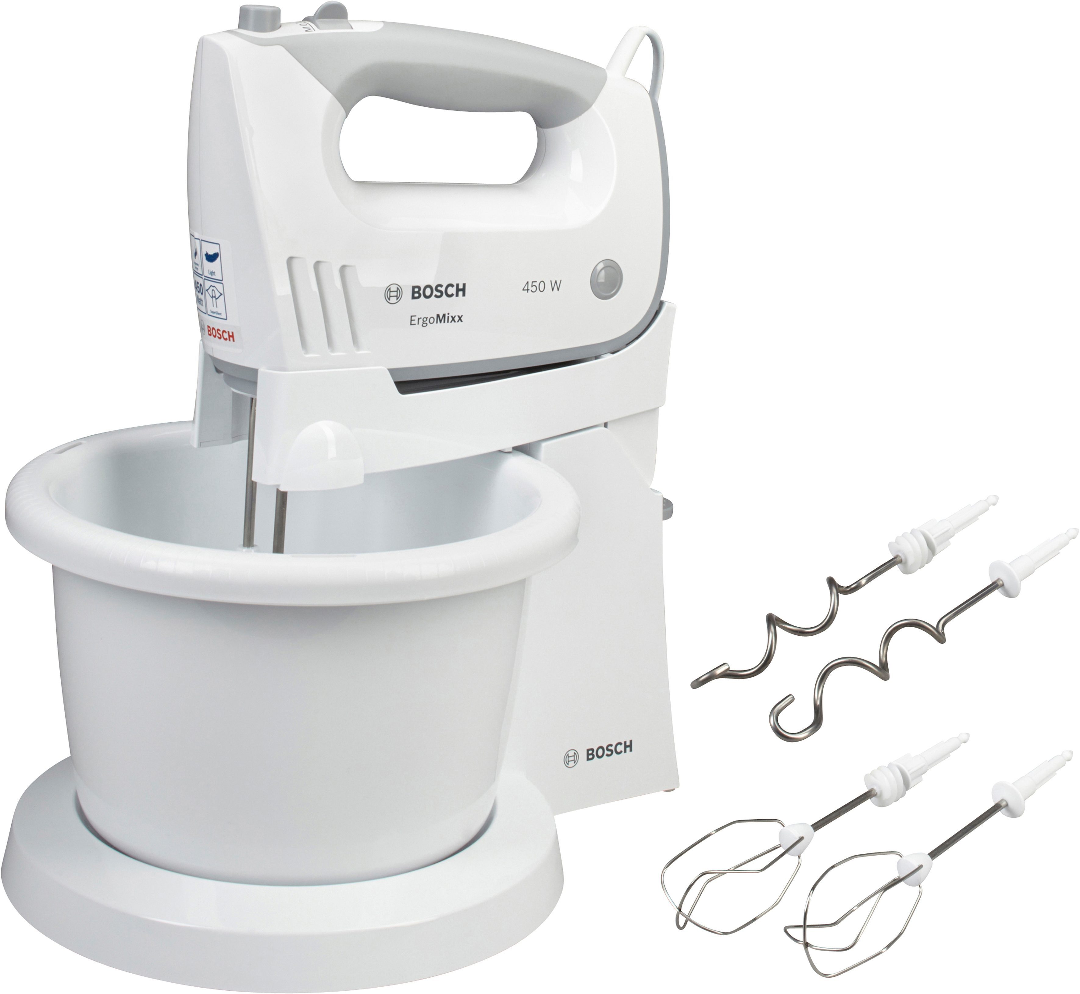 BOSCH Handmixer ErgoMixx MFQ36460, 450 W, 2 Rührbesen, 2 Edelstahl-Knethaken, Rührschüssel plus Halterung | Handmixer