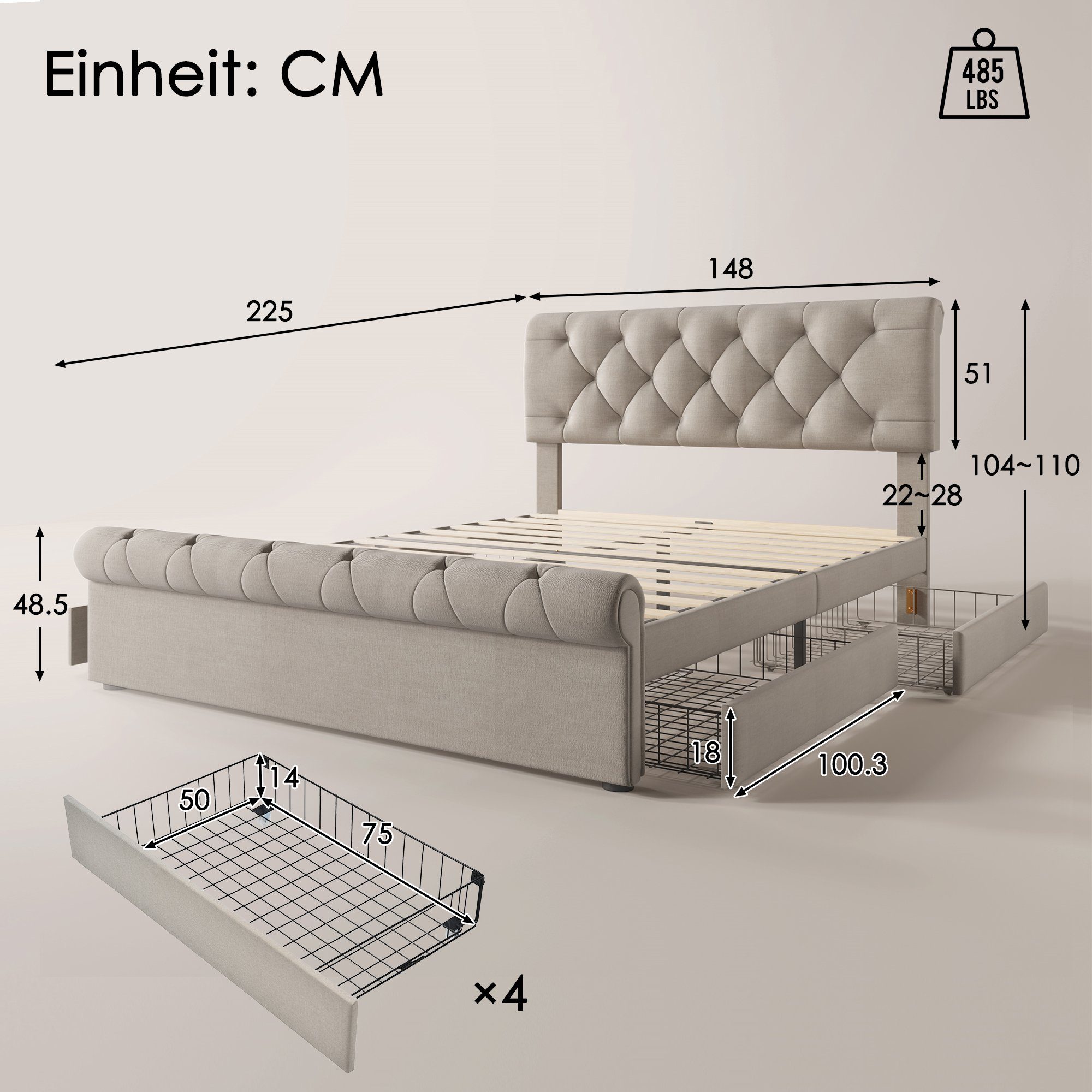 Polsterbett (Stauraumbett, mit 4 Schubladen und Lattenrost), Doppelbett 140x200cm mit Höhenverstellbarem Kopfteil, Bezug aus Leinen