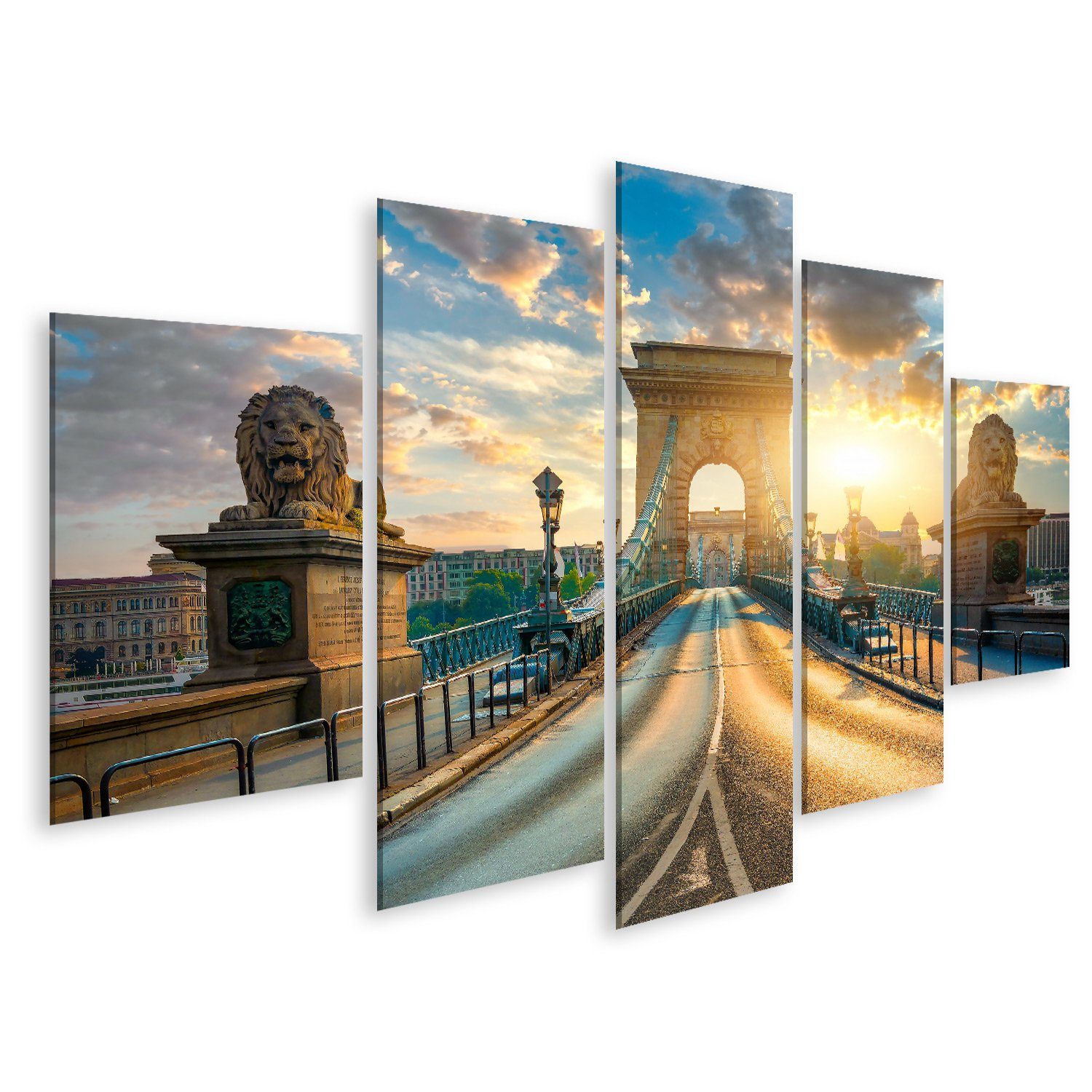 islandburner Leinwandbild Bild auf Leinwand Kettenbrücke Budapest Statuen Löwen Sonnenaufgang Un
