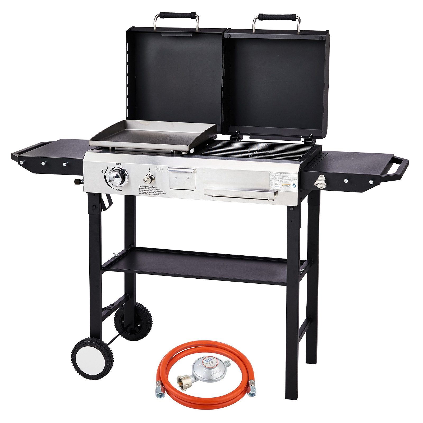 LALAHO Gasgrill 2-in-1 Gas- & Holzkohlegrill 4.5 kW, mit Deckel, Plancha & Grillrost, emailliert, für Garten, schwarz