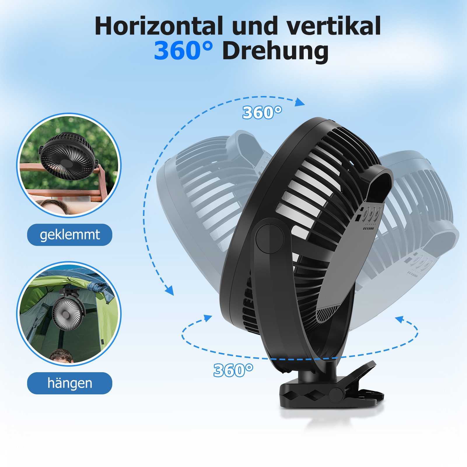 ATEROLL Tischventilator Ventilator mit Licht,3 Geschwindigkeiten,USB 360° Tischventilatoren, 24dB Leise Ventilatoren,Mini-fans für Kinderwagen,Büro und Camping