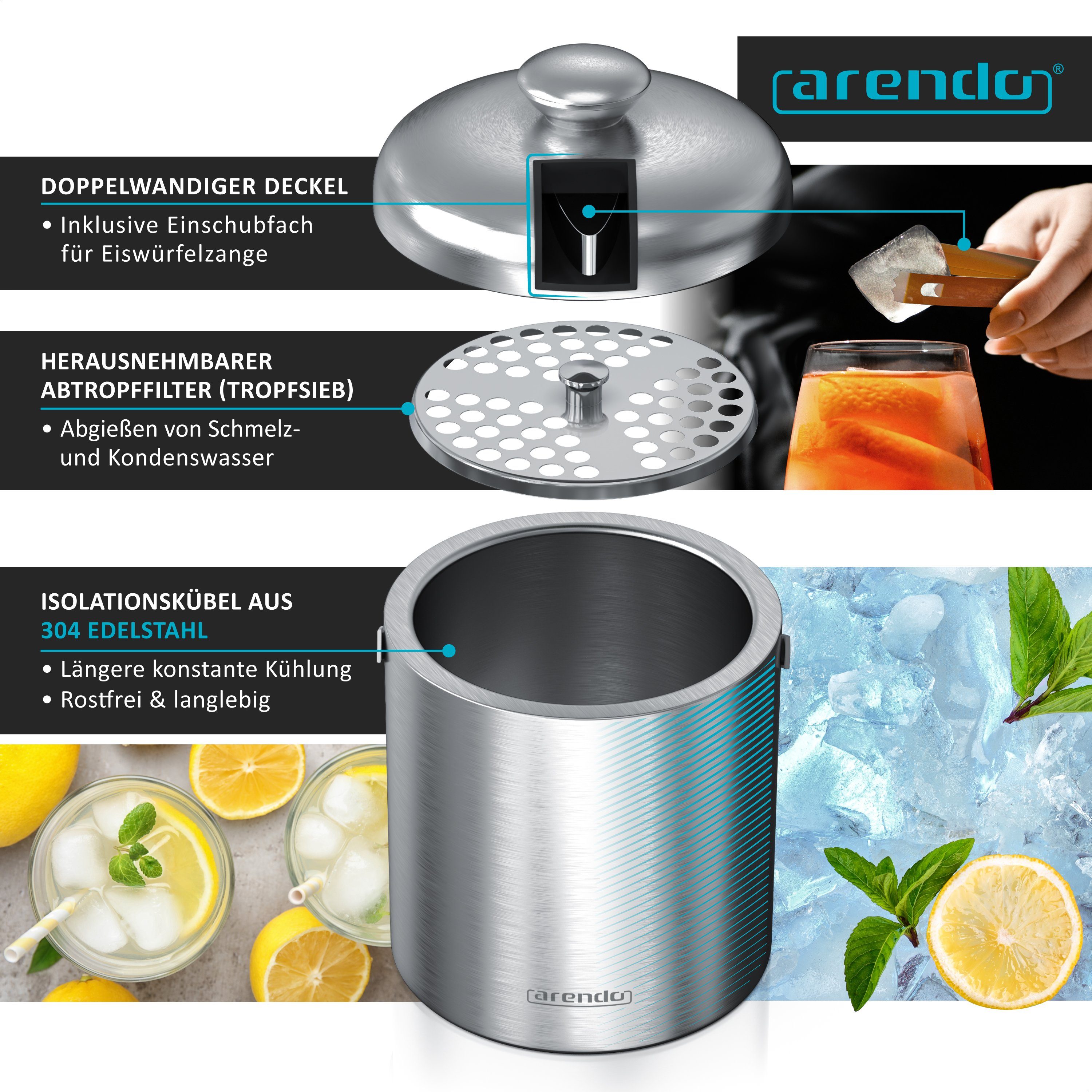 Arendo Eiseimer Edelstahl Eiswürfelbehälter mit Deckel, 1,3L, Eiseimer doppelwandig, Eiswürfelkühler, Eiskübel, mit Zange, Abtropffilter, Deckel, BPA frei